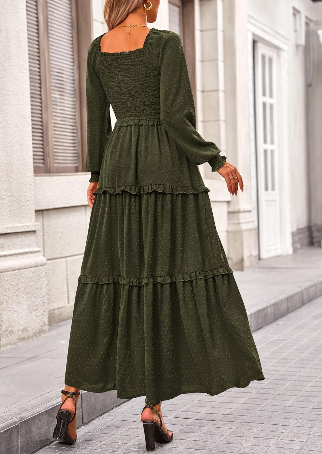 PRETTYGARDEN Fall Dresses for Women 2026 Long Sleeve Smocked Square Neck Swiss Dot Tiered Flowy Wedding Guest Maxi Dress - Image 2