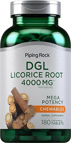 Piping Rock DGL - Tabletas masticables de regaliz de 4000 mg | 180 unidades | Mega potencia desglicirrizinada | Suplemento de extracto de hierbas |