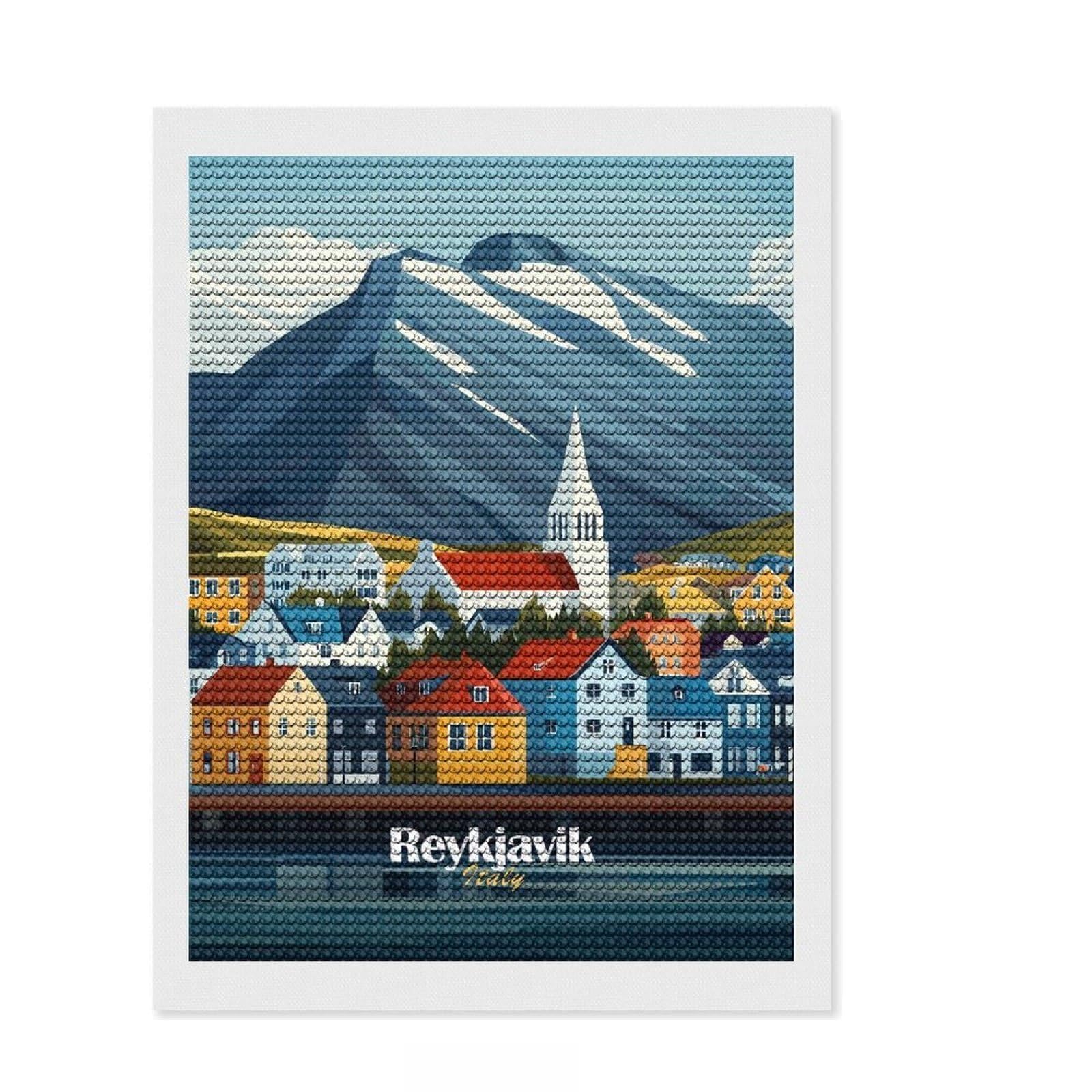 Junmoney Reykjavik Cityscape Diamond Painting Kit 12"x16", Decorate Your Room, Neat Printed Canvas, Adhesive Canvas, Bedroom Decor