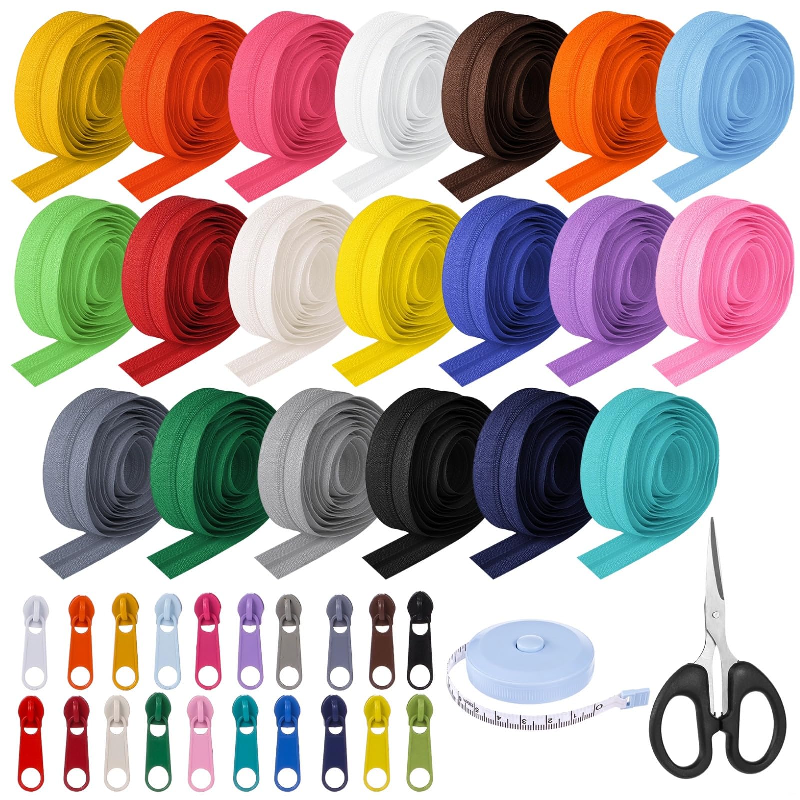 Näh-Reißverschluss-Reparatur-Set mit Schere, Klebeband, 200 Schieber und 20 Farben, 20 Meter Reißverschlüsse zum Nähen, Basteln