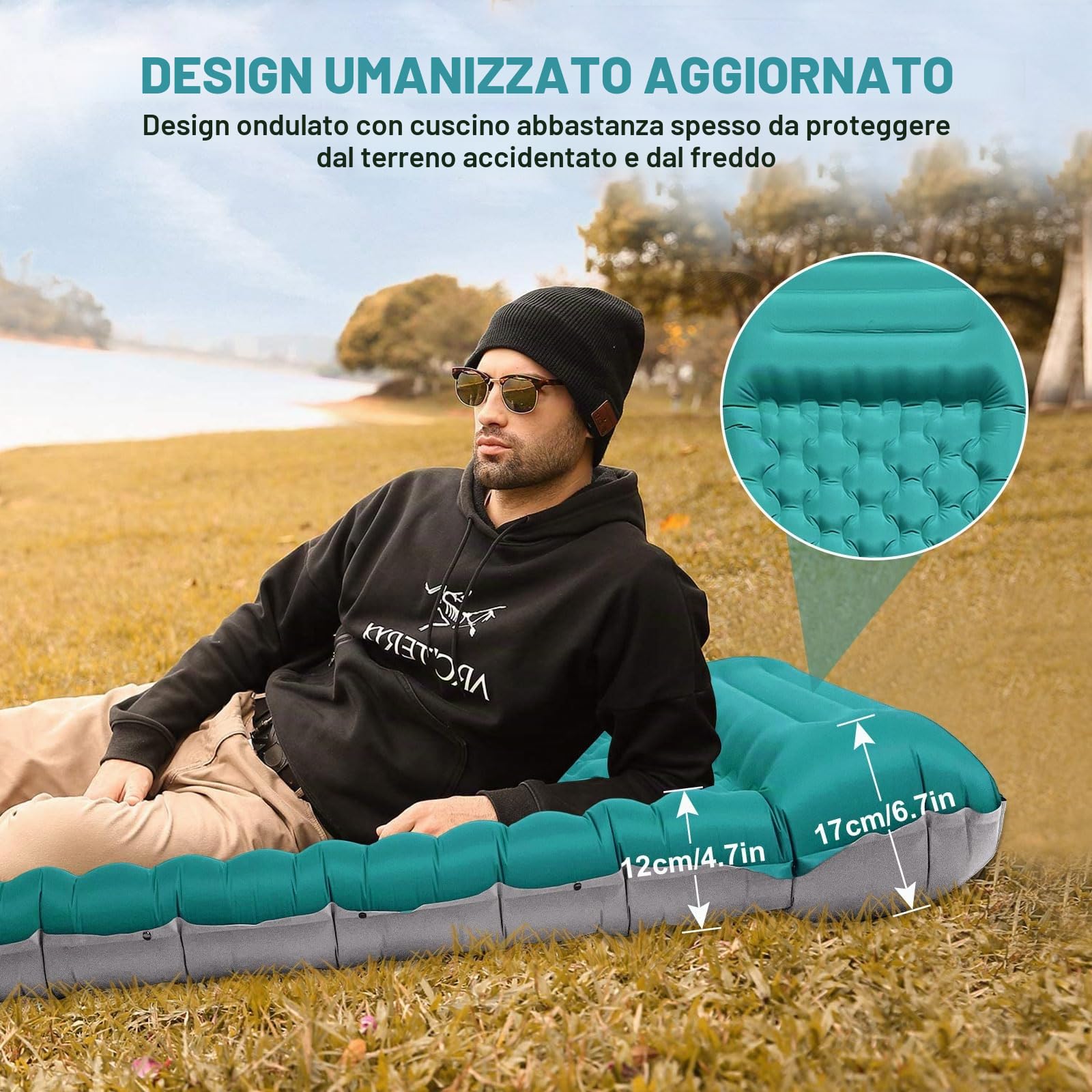 SHANNA Materassino Da Campeggio Autogonfiante: Extra Spesso 12 Cm Ultraleggero Materasso Gonfiabile Leggero E Compatto Con Pompa Integrata, Ottimale Per Campeggio, Escursioni (Blu Pavone)