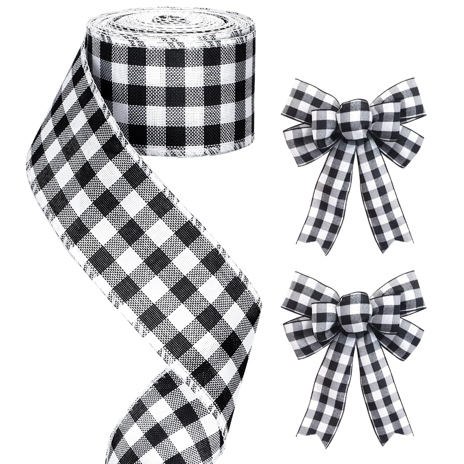 G2PLUS 63mm Gingham Wired Ribbon: 10m Black and White Buffalo Check Ribbon for Gift Wrapping, DIY Bows, Crafts, Rustic Wedding Decoration