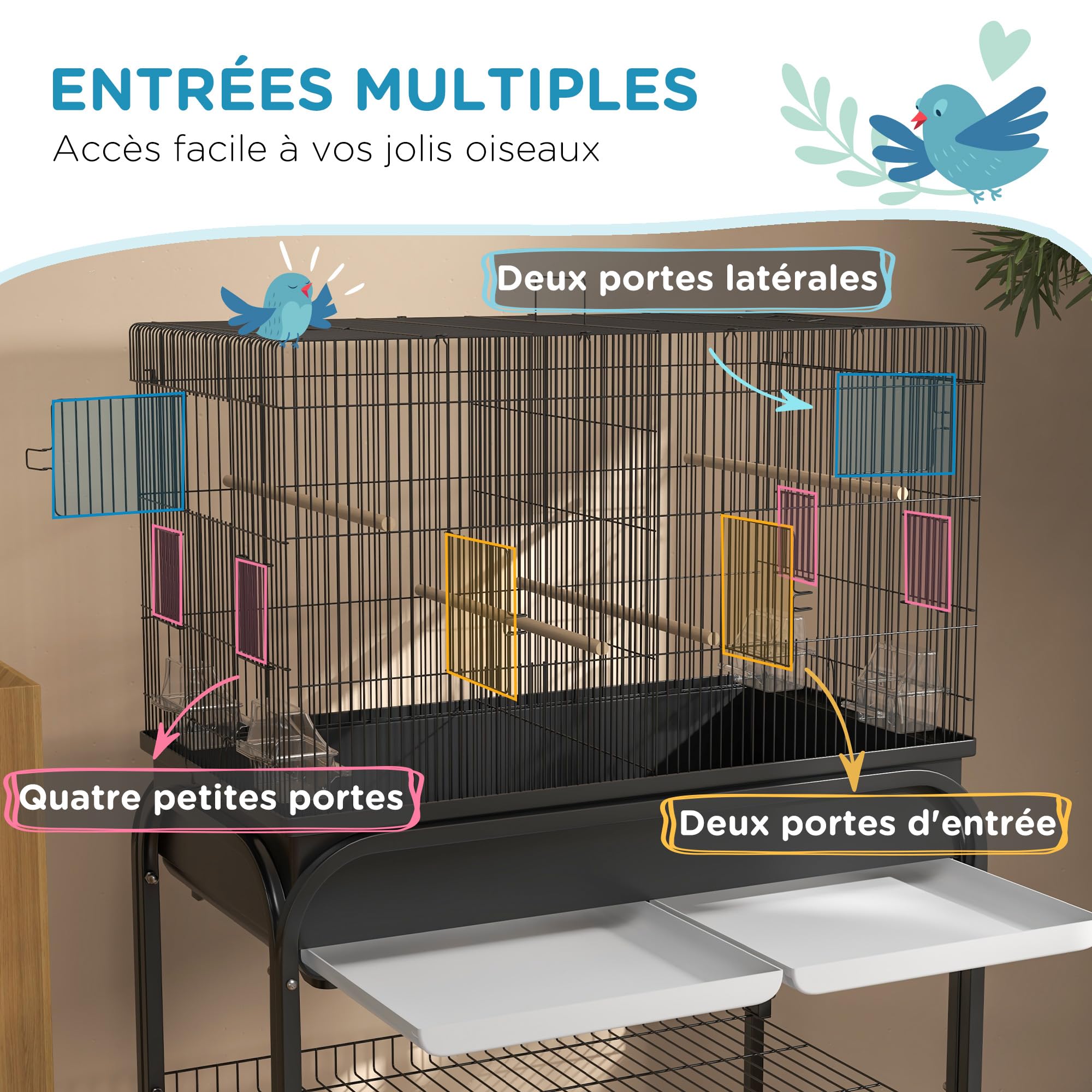 PawHut Cage Oiseaux Volière Intérieur Extérieur avec Support Roulettes Acier 85 x 49 x 119 cm Noir