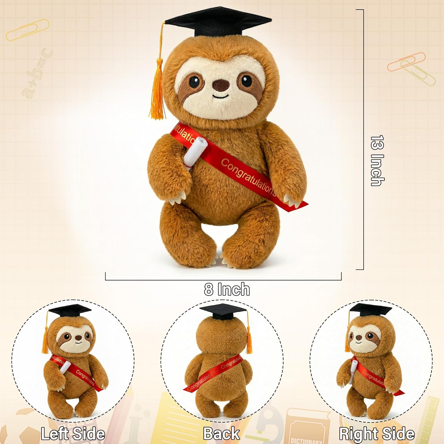 Graduation Plush Sloth Stuffed Animal - 13 Inch Sloth Graduation Plush with Grad Cap Congratulations Sash Kindergarten Middle High School 2026 Graduation Gift for Man Woman College Student Classmate