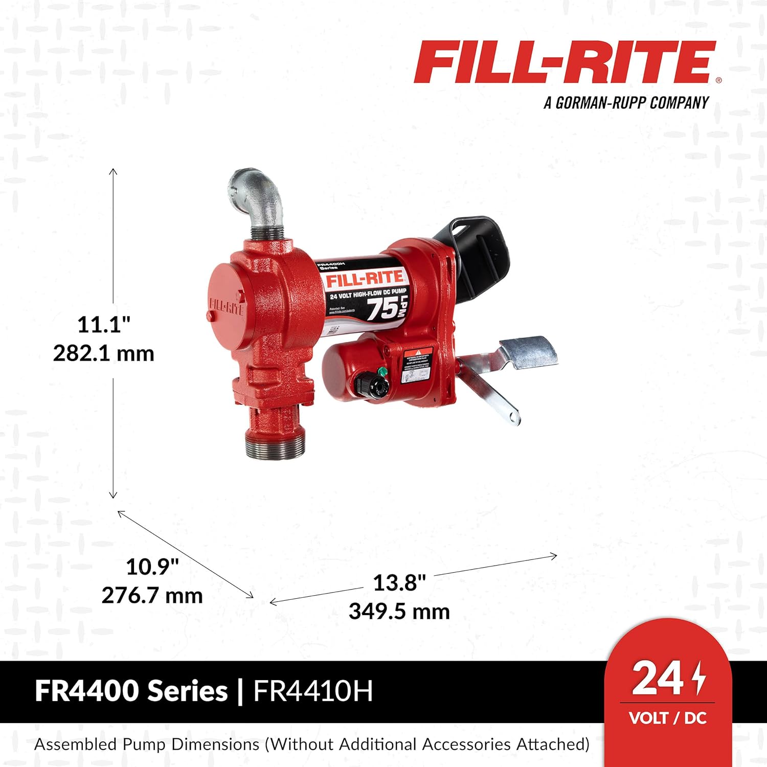 Fill-Rite - FR4410H FR4410G 24 Volt DC Hi-Flow Fuel Transfer Pump with 1 Inch x 12 Foot Hose, and 1 Inch Manual Nozzle