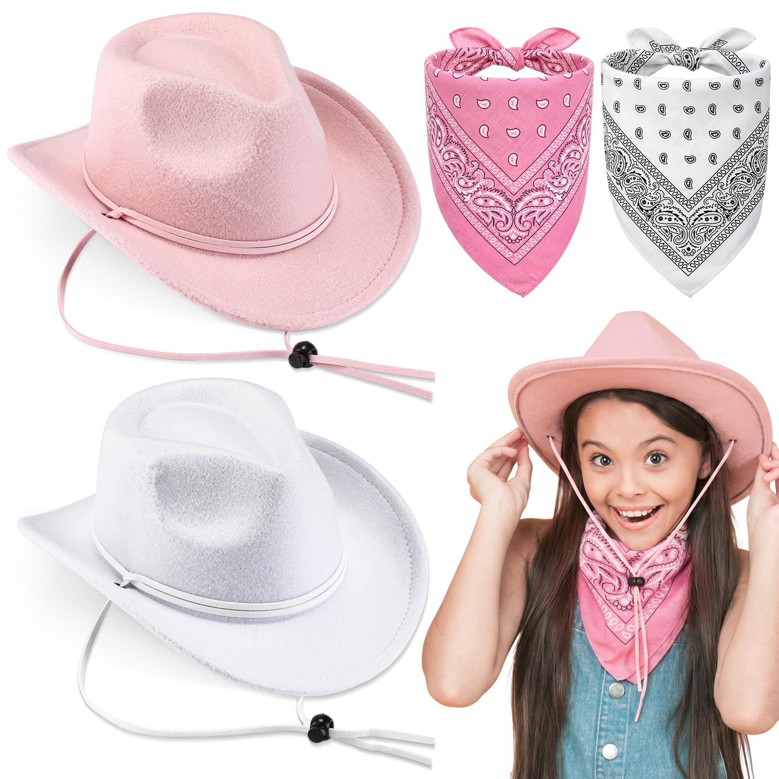 Xtinmee 2 Sets Pink Cowgirl Hats with Paisley Bandanas for Girls