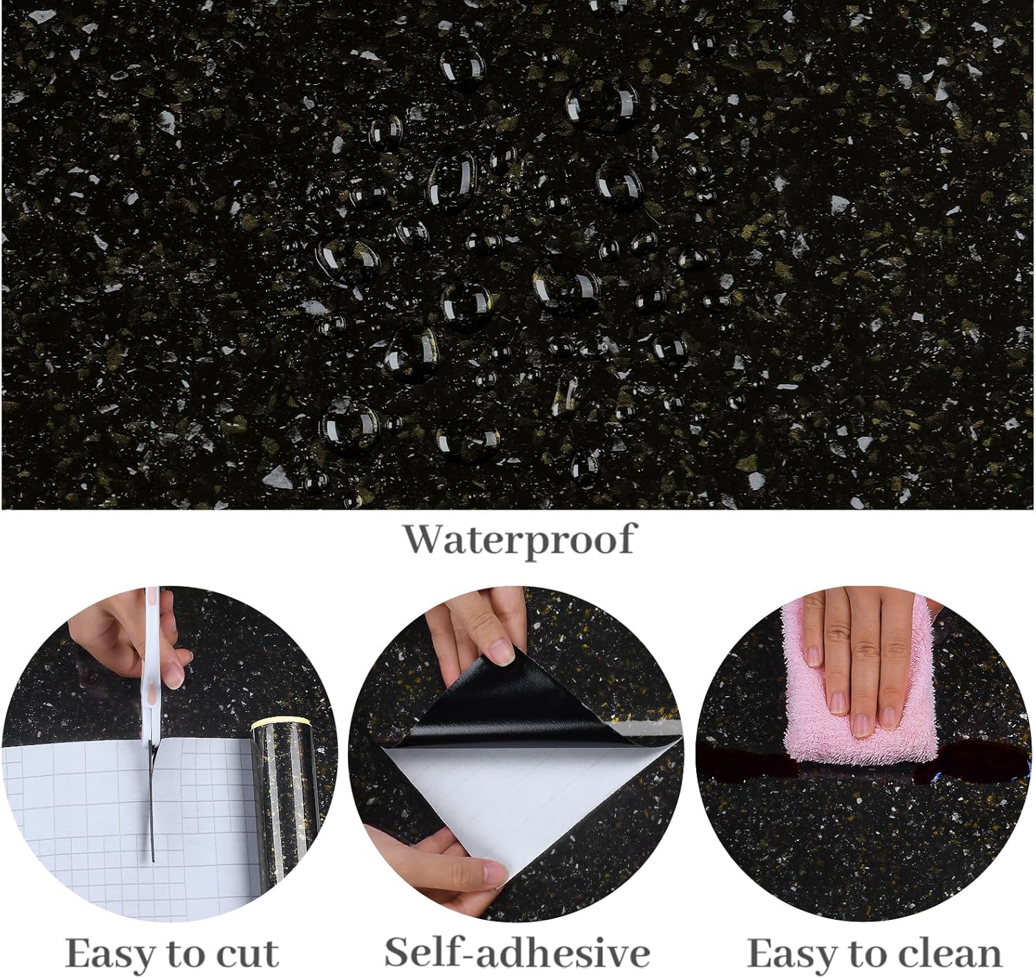 VaryPaper 32'x118' Large Size Black Gold Granite Contact Paper for Countertops Waterproof Kitchen Countertop Vinyl Wrap Removable Self Adhesive Marble Peel and Stick Wallpaper for Bathroom Cabinets