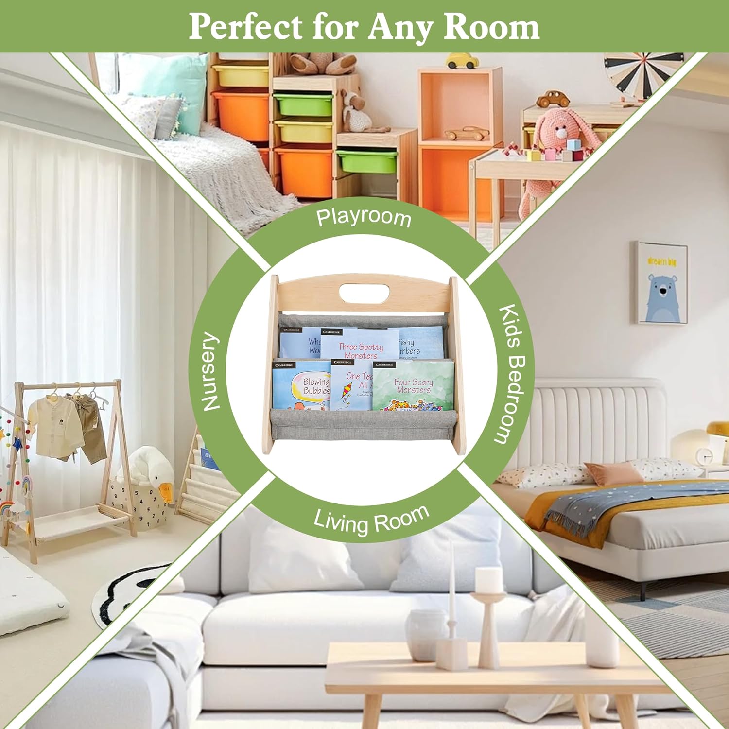 AZSKY Double-Sided Toddler Bookshelf for Kids, Montessori Bookshelf to Display Books, Sling Book Rack Organizer, Playroom Classroom Nursery Book Shelves, Wooden Kid Bookcase for Baby Girl Boy（Grey）