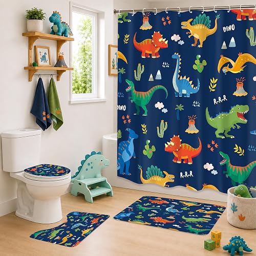 4 PCS Kids Dinosaur Boys Cute Bathroom Set with Shower