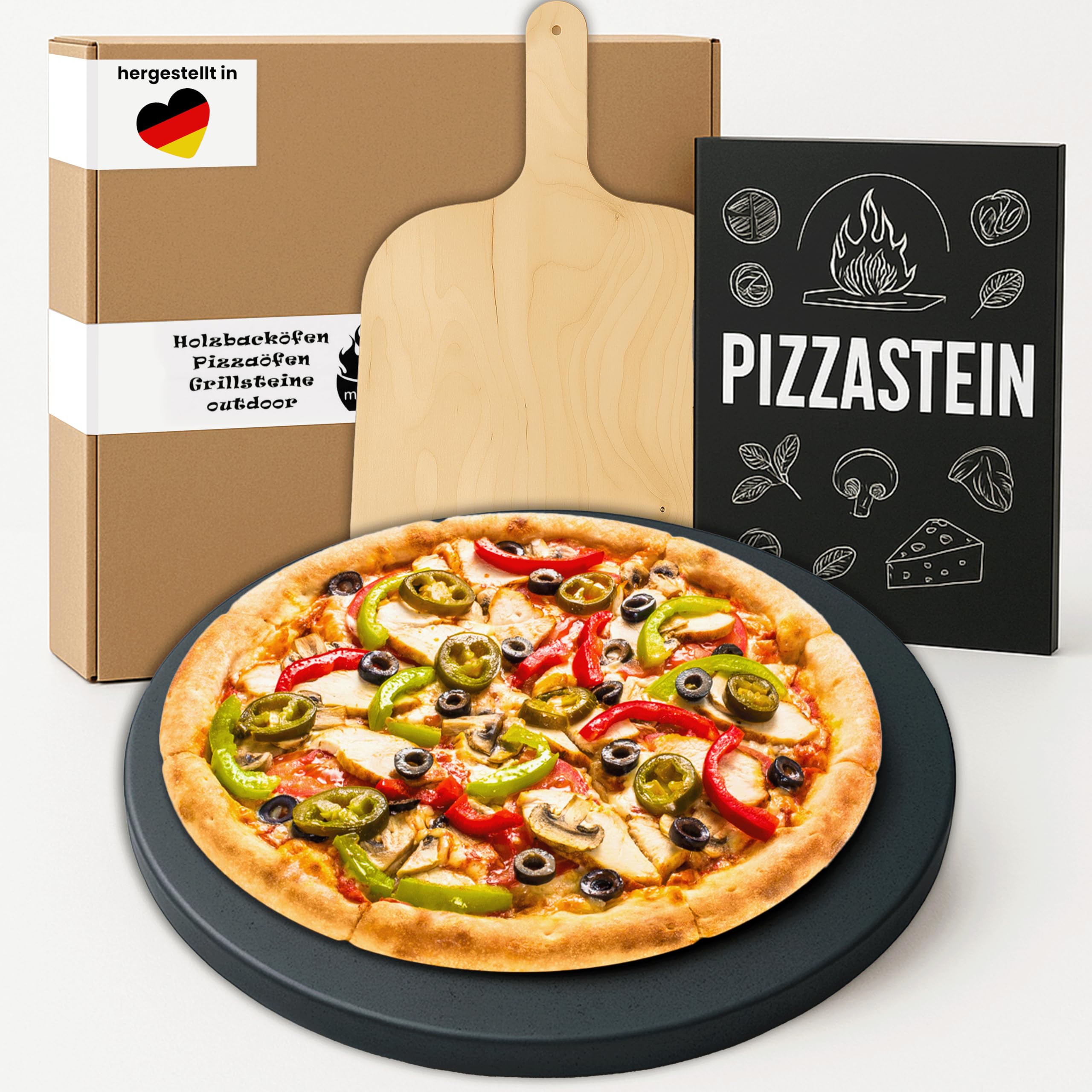 Megrill Pizzastein Rund Set 350x20mm Cordierit – Glasierter Pizza Stein für Holzkohle & Gasgrill, Hitzebeständig & Leicht zu Reinigen, Perfekt für Knusprige, Luftige Pizzaböden – Made in Germany