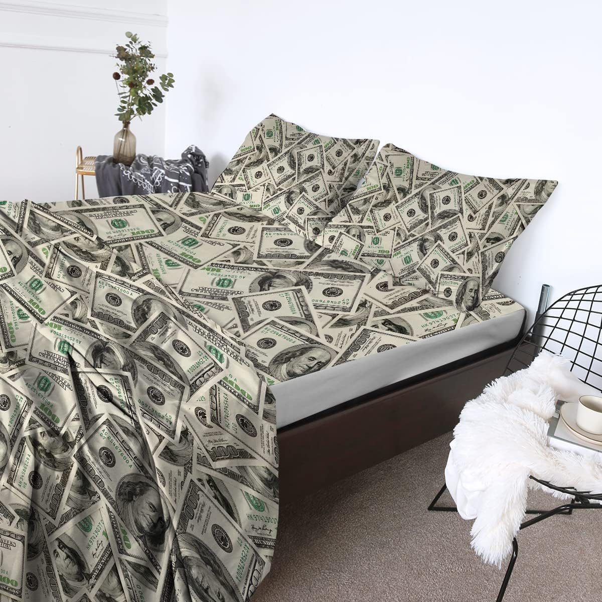 BlessLiving Money Sheets Queen Size 4-Piece 100 Dollar Motif Bed Sheet Set Modern Deep Pockets - Soft Bedding Sets (1 Flat Sheet, 1 Fitted Sheet, 2 Pillow Shams)