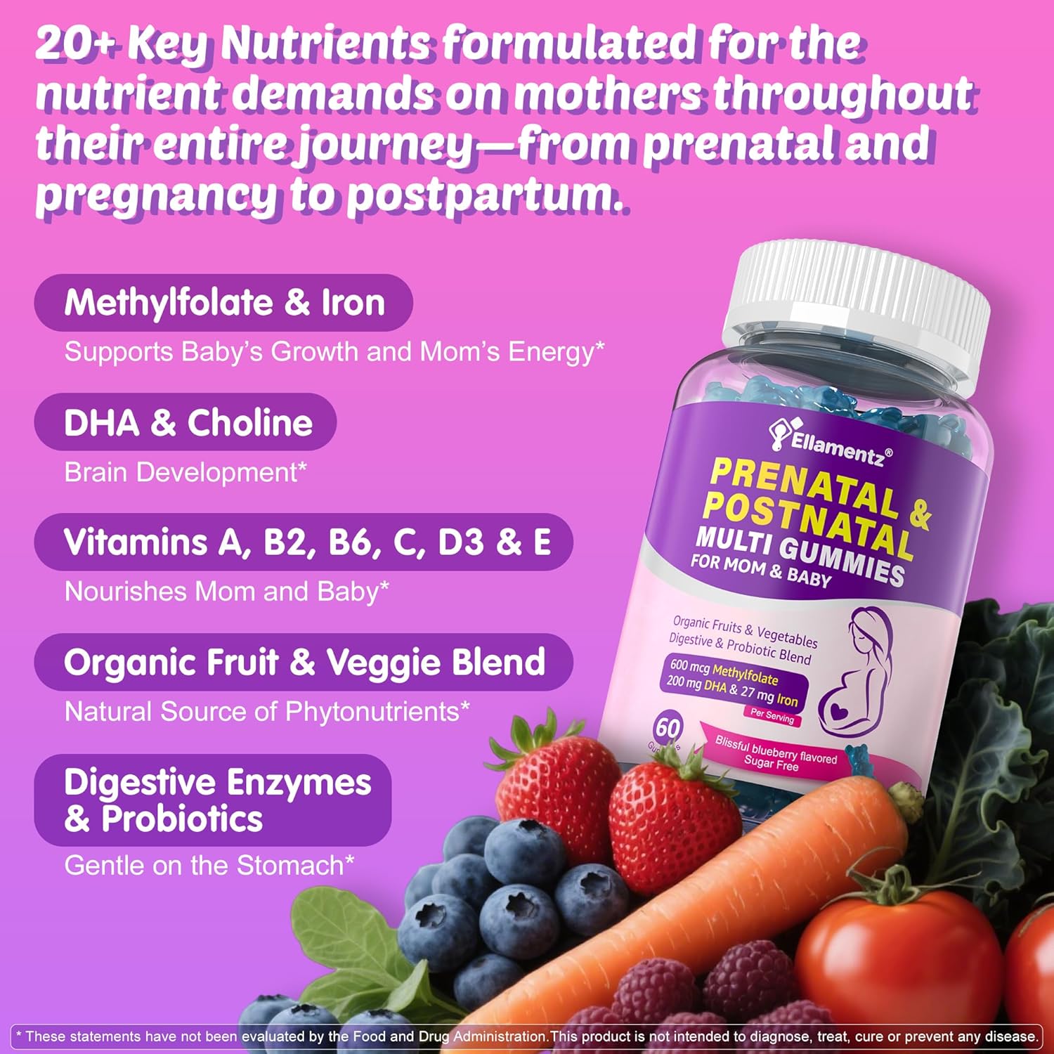 Prenatal Vitamins for Women with Methylfolate, Vegan Omega-3 DHA, Organic Food Blend, Probiotics, Iron, Vitamin D3 B6 B12, Choline, Sugar Free Multivitamin for Women During & Post Pregnancy, 120 Cts - Image 4