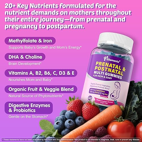 Miniatura 4 de Vitaminas prenatales para mujeres, gomitas multivitamínicas prenatales y posnatales con metilfolato, hierro, omega-3 DHA vegano, superalimentos,