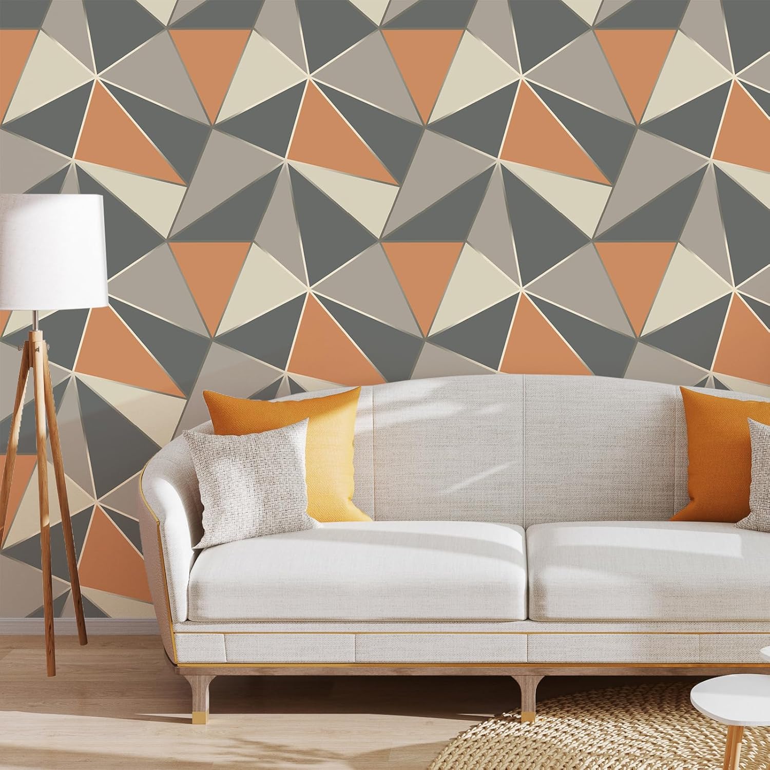 VEELIKE Apex Geometric Peel and Stick Wallpaper Grey Orange Geometric Wallpaper Roll 17.7''x354'' Removable Wallpaper Geometric Contact Paper Self Adhesive Vinyl Wall Paper for Bedroom Bathroom Walls