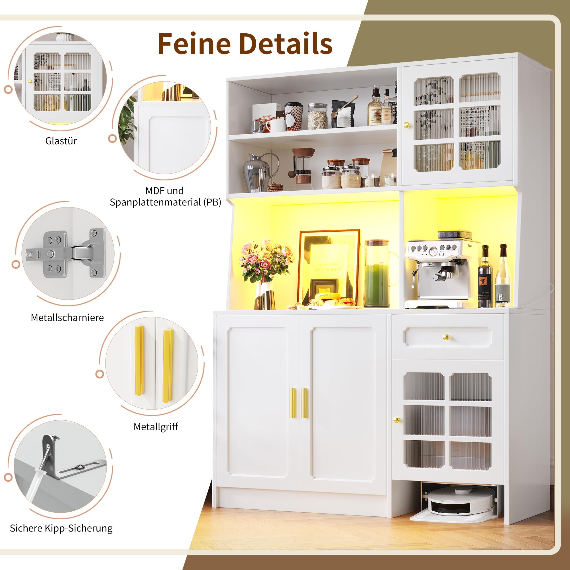 Armadio da cucina con piano di lavoro e illuminazione a LED, credenza con ante in vetro, credenza con cassetti, 130 x 45 x 180 cm (bianco)