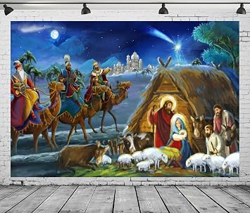 7x5ft Fabric Birth of Jesus Painting Backdrop Christmas Night Manger Nativity Scene Background Christmas Themed Birthday Party Decorations Baby Shower Backdrop Photo Booth Studio Props