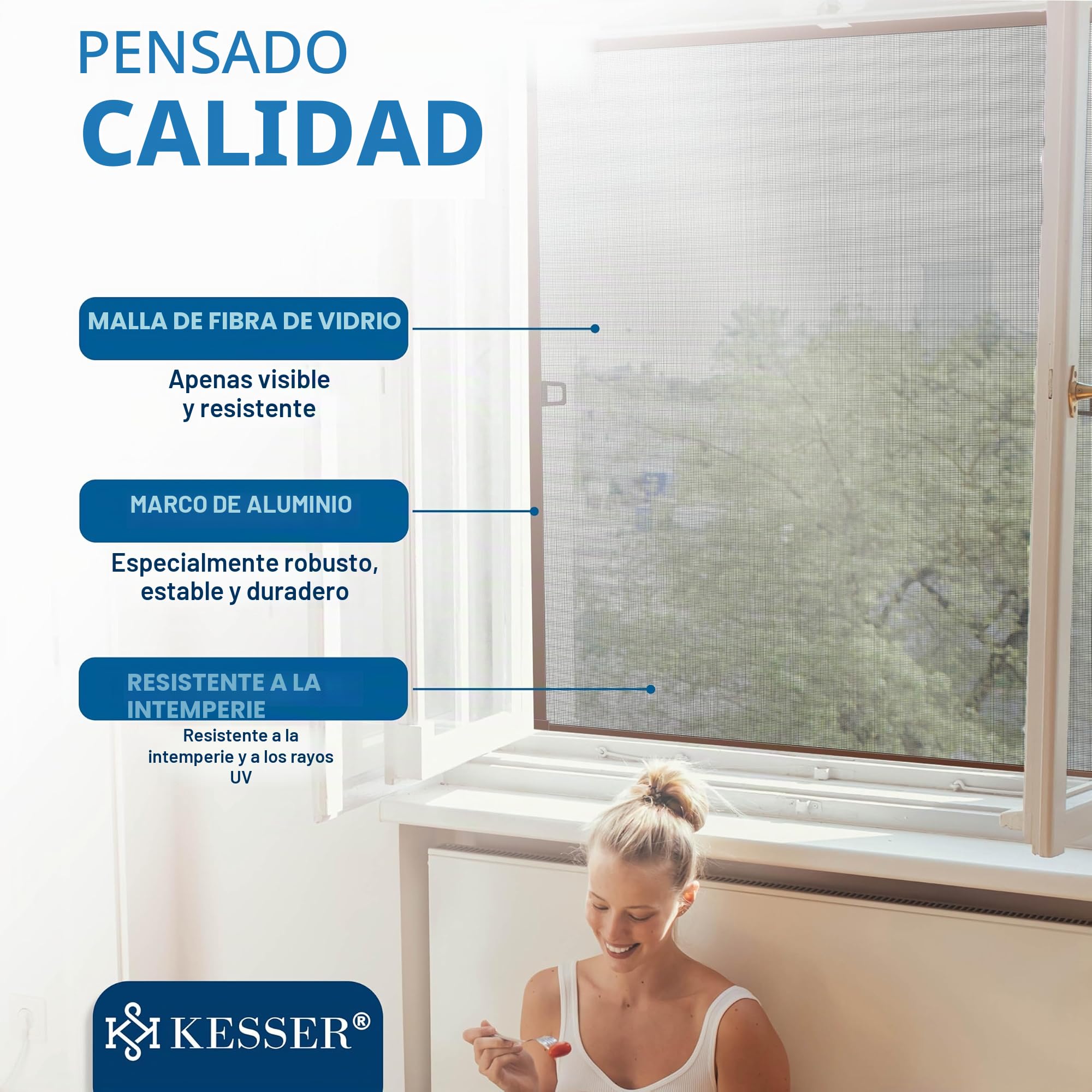 KESSER® Mosquitera para ventana, 80 x 100 cm, protección contra mosquitos con marco de aluminio, marco tensor, mosquitera sin necesidad de taladrar, protección contra insectos, red antimosquitos para