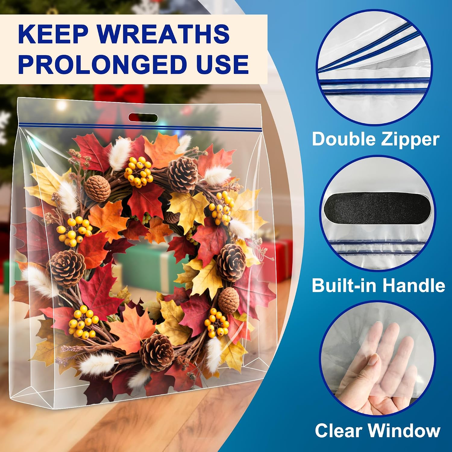 4 Pack 24"x24"x7" Extra Large Clear Plastic Wreath Storage Bag with Handle | Wreath Storage Container For Halloween Summer Christmas Decoration or Clothing Blanket Comforters Bed Sheets Pillows