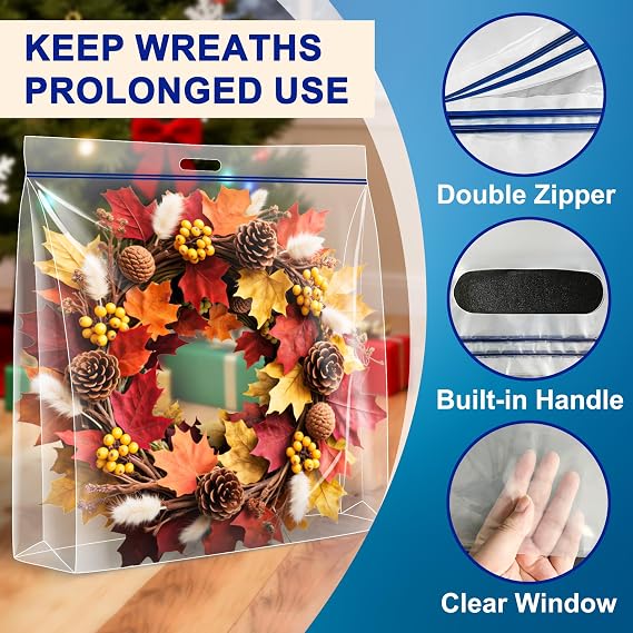4 Pcs Large Clear Plastic Wreath Storage Bag with Handle, 28x28x7