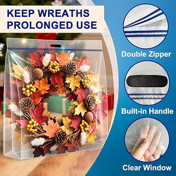 4 Pcs Large Clear Plastic Wreath Storage Bag with Handle, 28x28x7