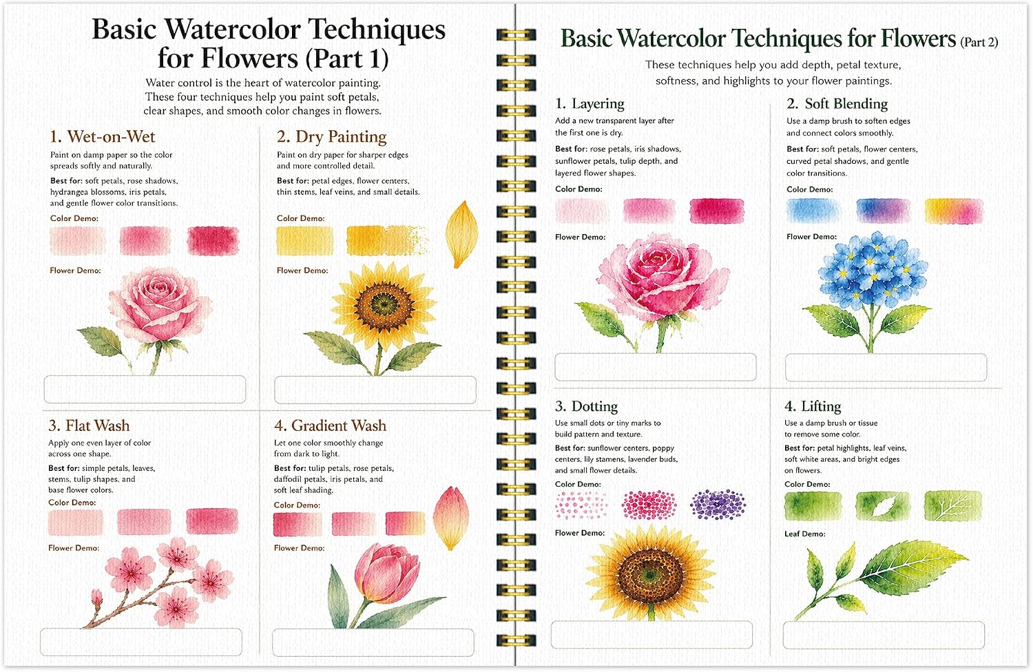 Drawmend Watercolor Paint Set & Workbook for Beginners, 50 Colors, 4 Brushes, 12 Step-by-Step Projects, 300 GSM Paper, 11 x 8.3 in Lay-Flat Book for Adults,Creative Art Gift (Flowers, with Palette)