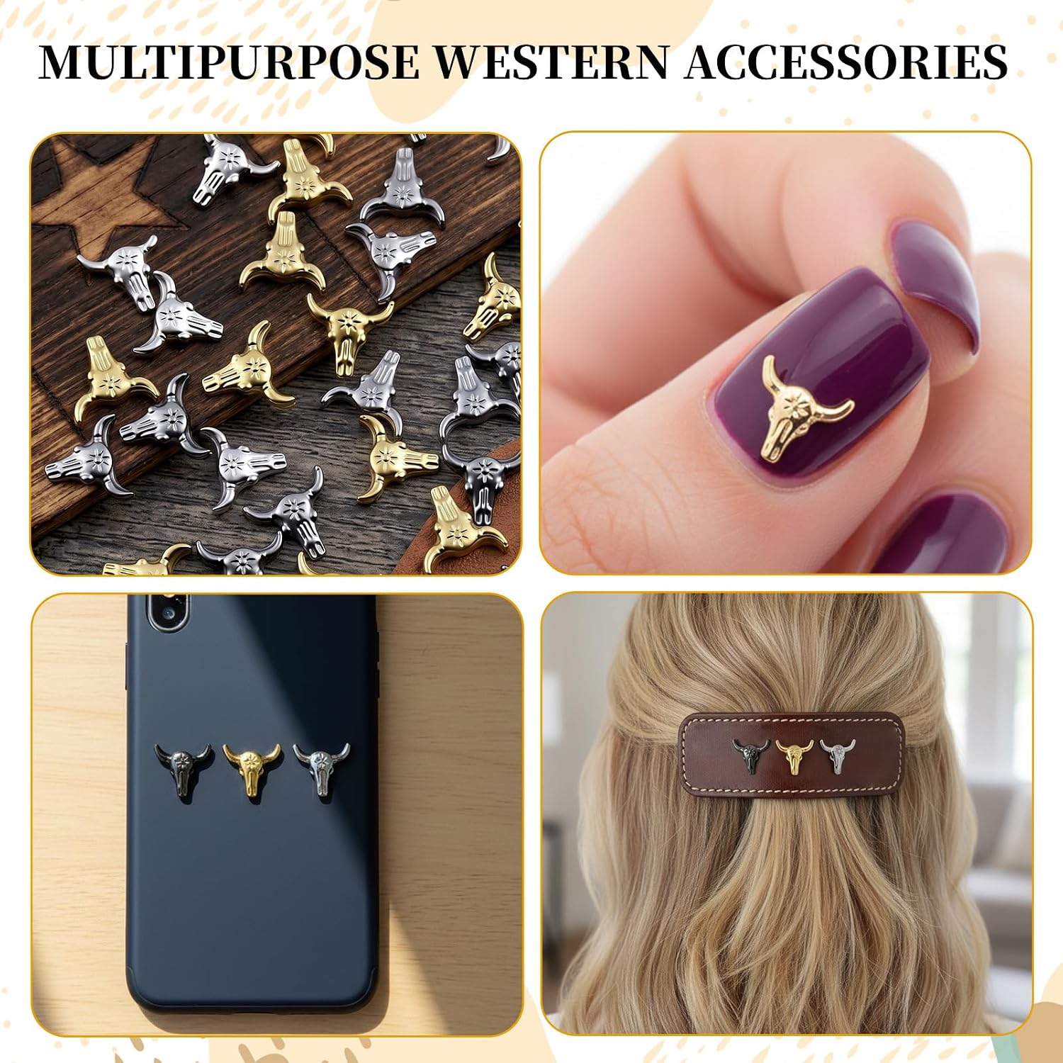 100pcs Bull Head Metal Nail Charms Western Cowboy Stylish Bull Head Nails Charms, Halloween Retro Goth Nail Charms Junk Nail Charm Funny Bulls Heads Manicure Decor Stickers for DIY Crafts
