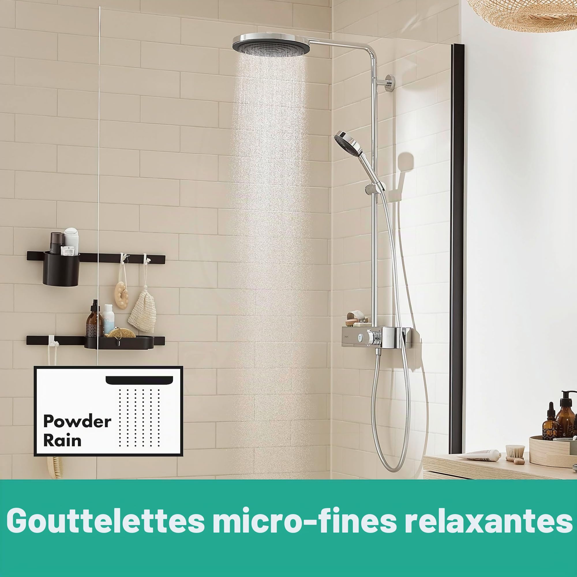hansgrohe Pulsify S - Colonne de douche avec mitigeur thermostatique, douche pluie (⌀ 260mm) avec robinet, douchette (3 jets), support, flexible de douche, barre et douche de tête ronde, Chromé