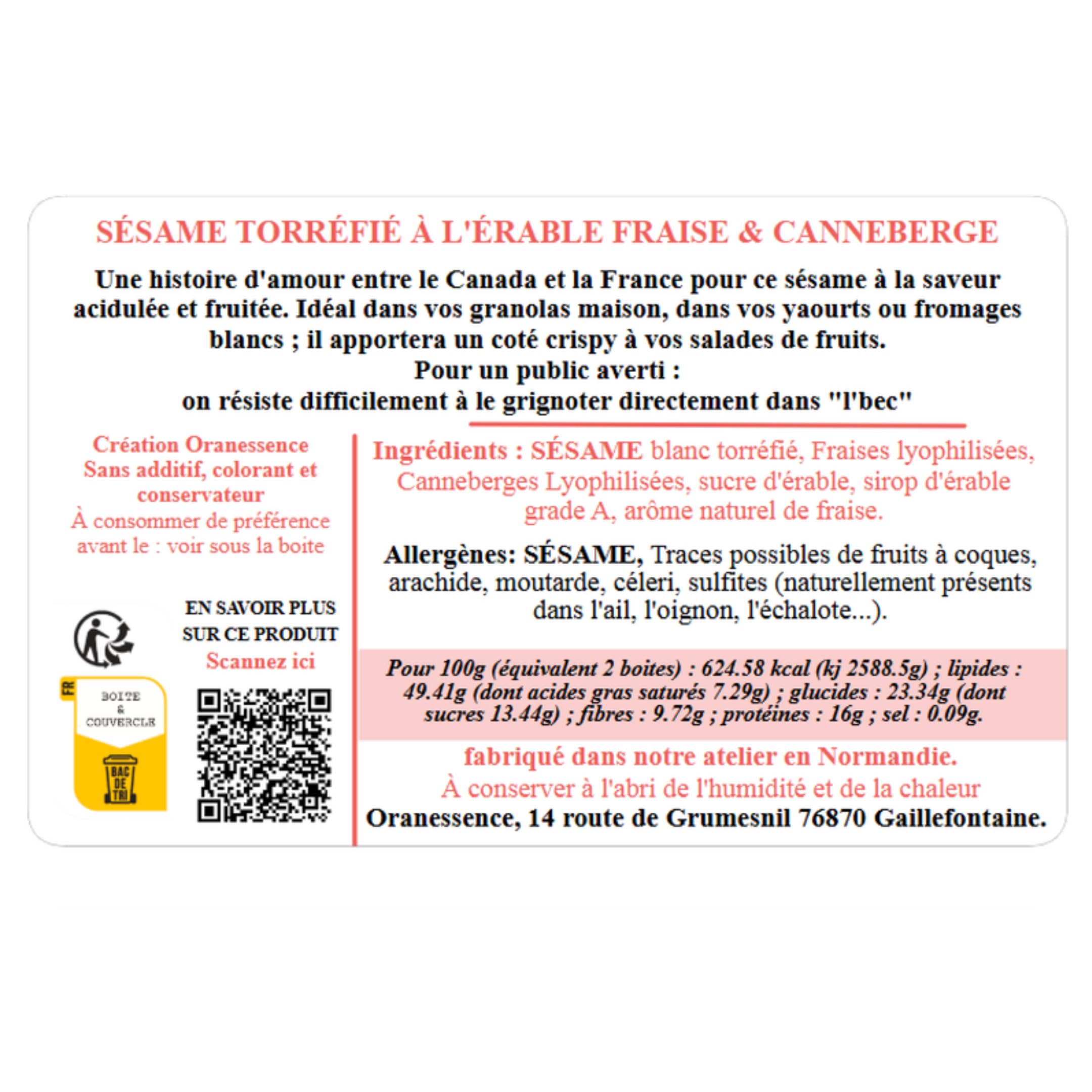Sésame à l'érable (200g) - Fraise & Canneberge - Topping Dessert - UNIQUE - Fabriqué à la main en Normandie - Assemblage d'Exception - Sans additif, Sans Colorant, Sans Conservateur, non irradié