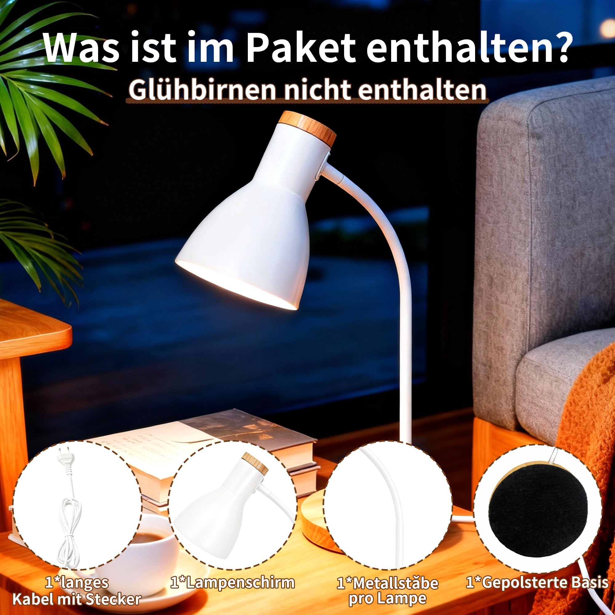 Schreibtischlampe Holz Weiß – Verstellbare Tischlampe mit flexiblem Arm & stabilem Holzfuß – Ideal als Nachttischlampe, Leselampe oder Deko-Licht für Schlafzimmer, Wohnzimmer & Büro (White, 1 Pack)
