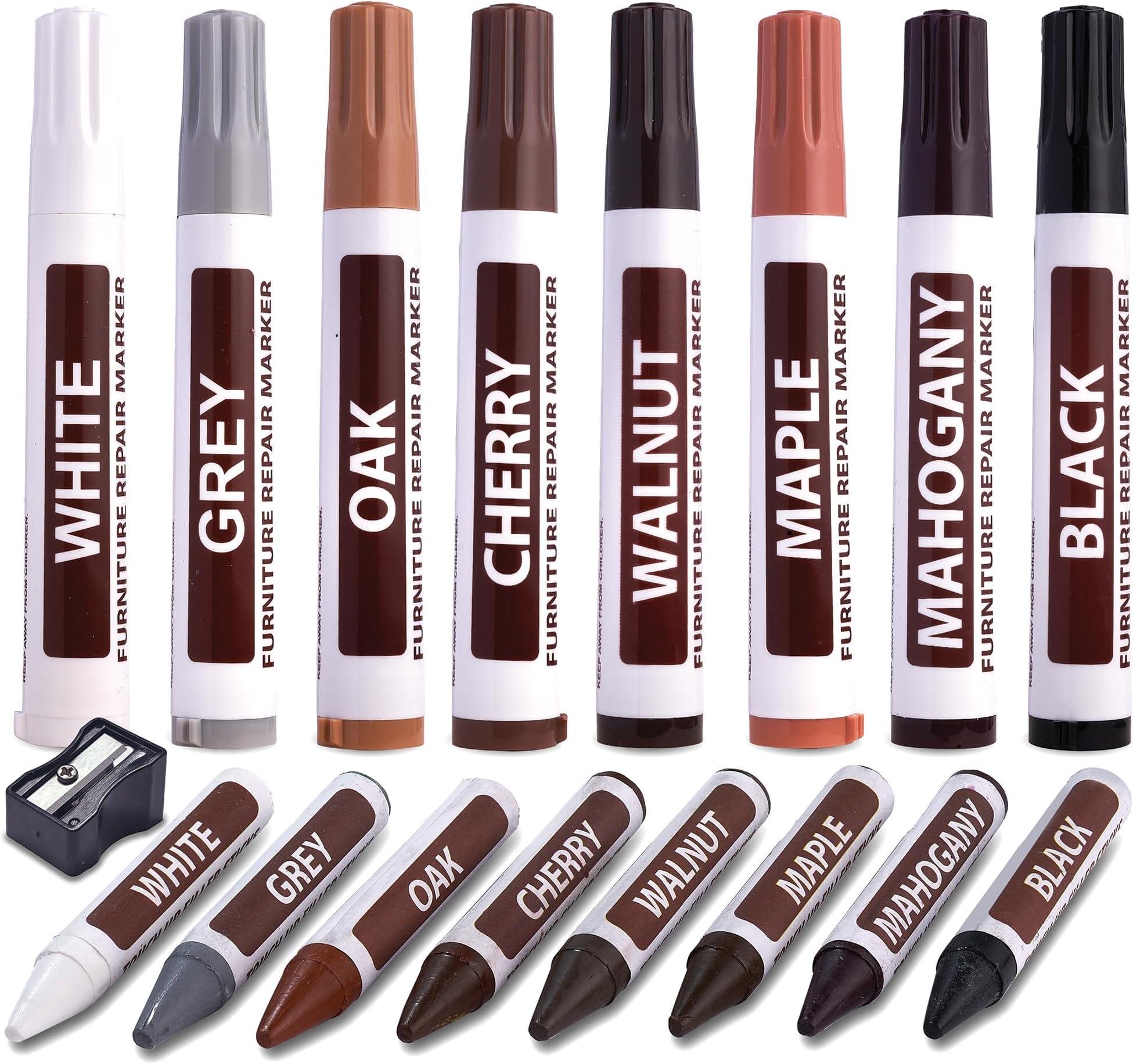 Total Furniture Repair System - 13Pc Scratch Restore & Repair Touch-Up Kit - Felt Tip Markers, Wax Stick Crayons & Sharpener