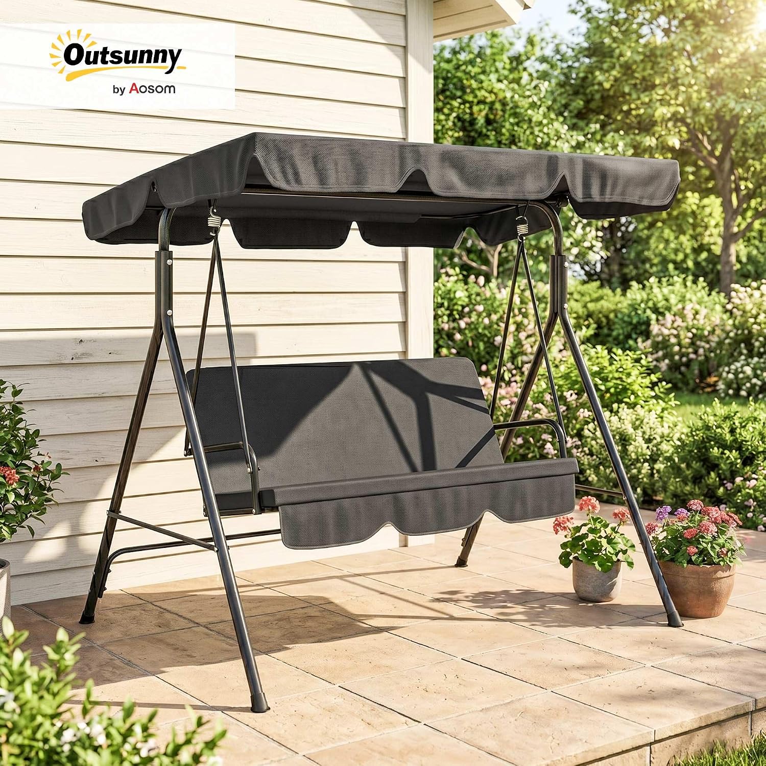 Outsunny 3-Seat Outdoor Patio Swing Chair with Removable Cushion, Steel Frame Stand and Adjustable Tilt Canopy for Patio, Garden, Poolside, Balcony, Backyard, Black 2