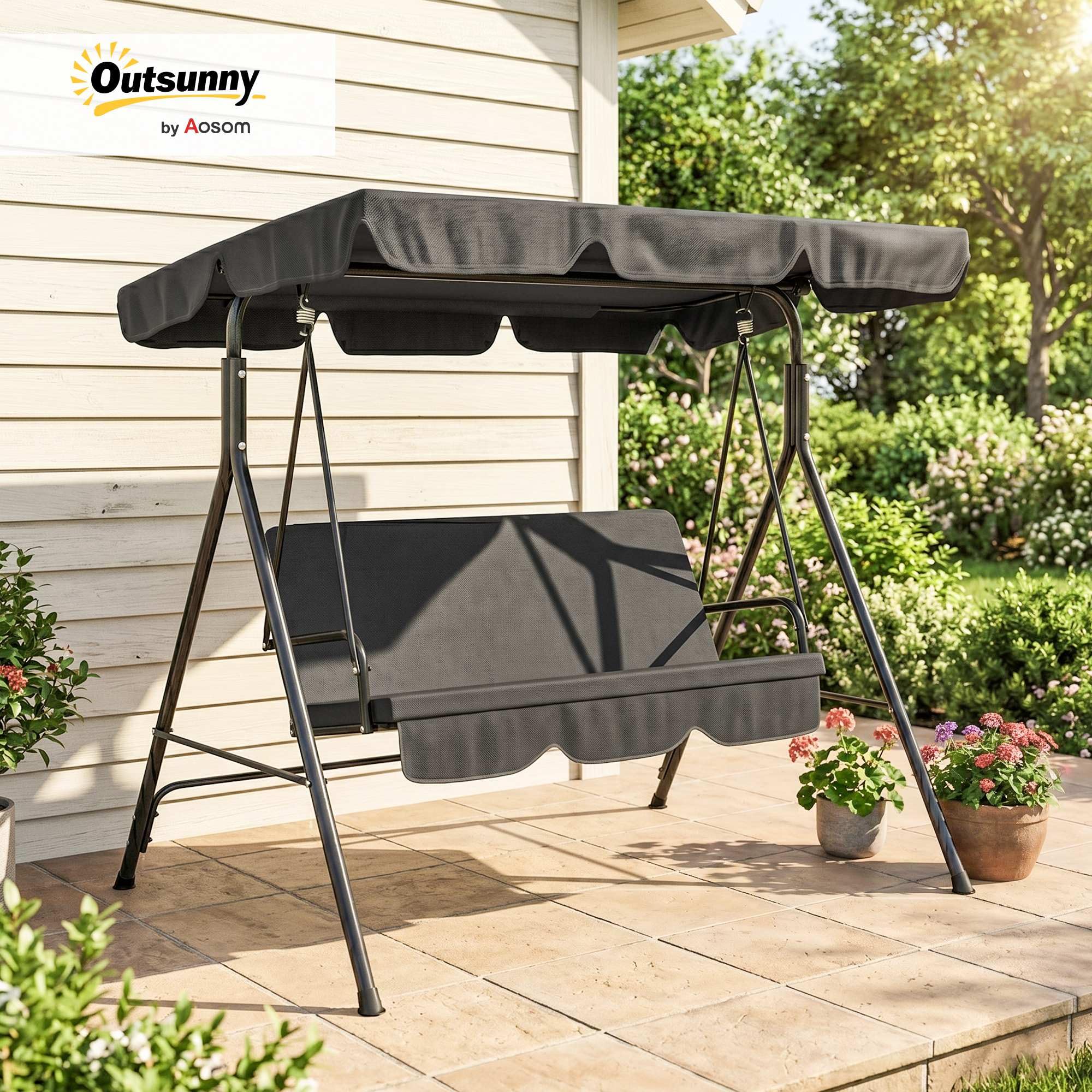 Outsunny Balancelle de Jardin 3 Places Toit Inclinaison réglable Acier Noir
