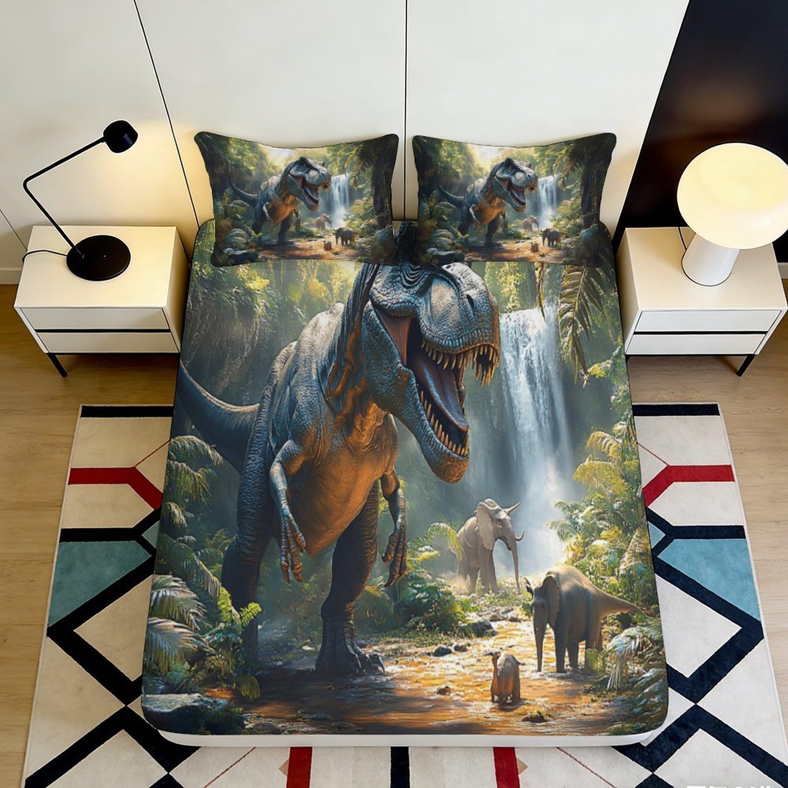 3D Printed Dinosaur Landscape Fitted Sheet Microfiber Soft Breathable Waterfall Bed Cover for Bedroom Dormitory Guest Room Mattress Protection Decor 120x200x25cm