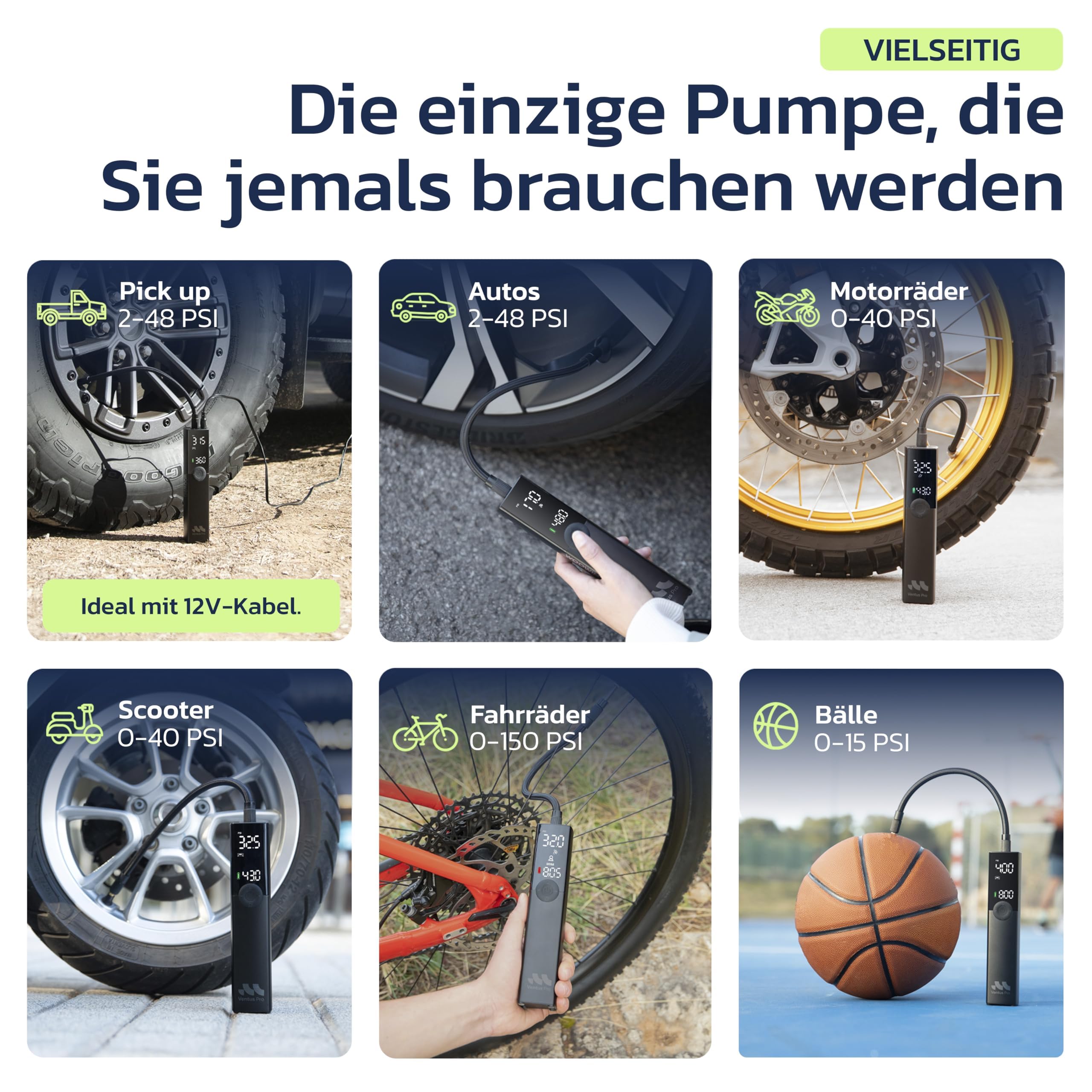 Woowind Ventus Pro Elektrische Luftpumpe, 150PSI/10,3Bar Akku Kompressor, 12V-Kabel für SUVs & Offroad-Reifen, Auto-Stopp