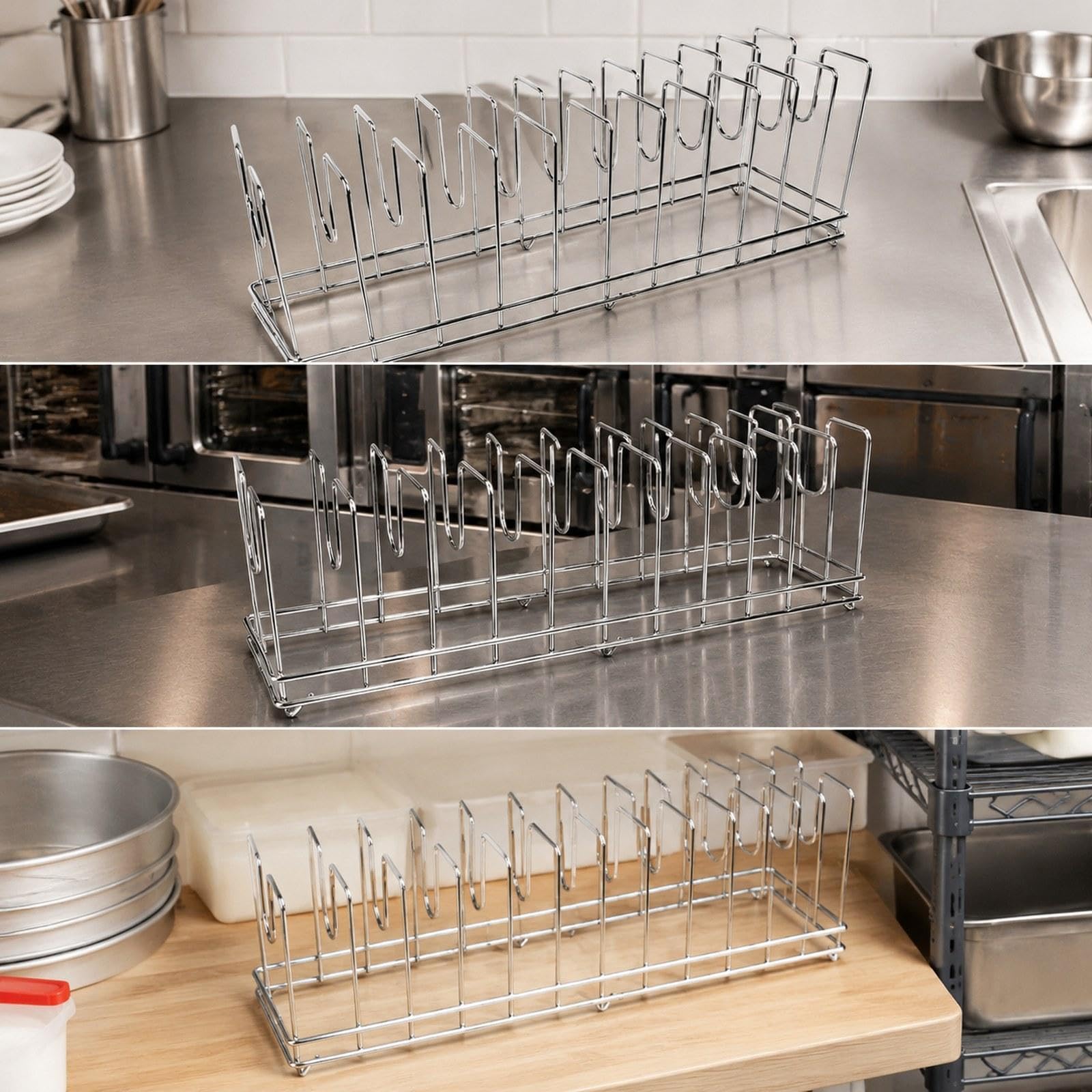 Abtropfgestell für Pizzapfannen, Pizzapfannen-Organizer, Topfdeckelhalter, Aufbewahrungshalter für Restaurants, 11 Fächer, 72 X 22 X 25 cm