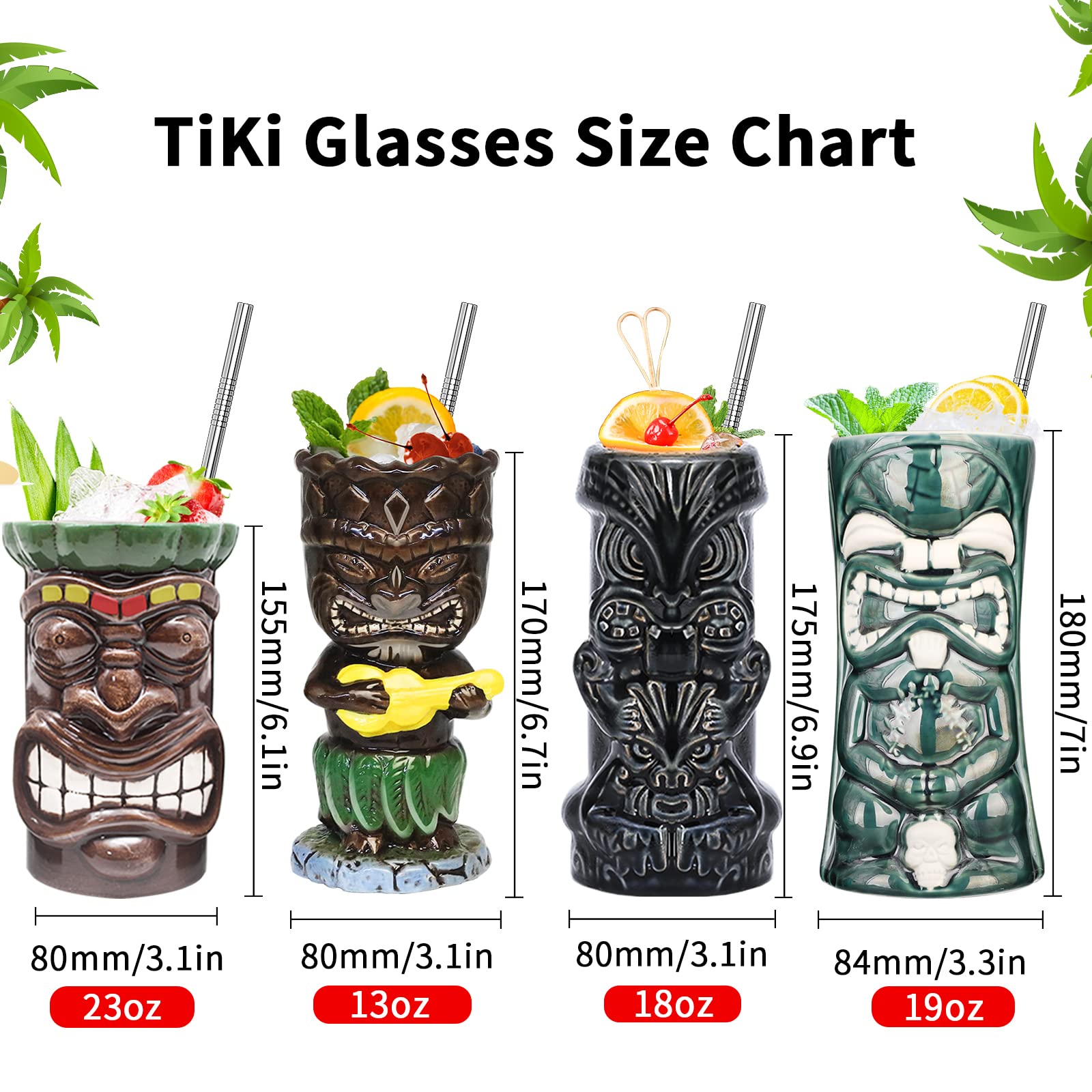 Lot de 4 grands verres Tiki en céramique pour cocktails tropicaux hawaïens et exotiques mignons