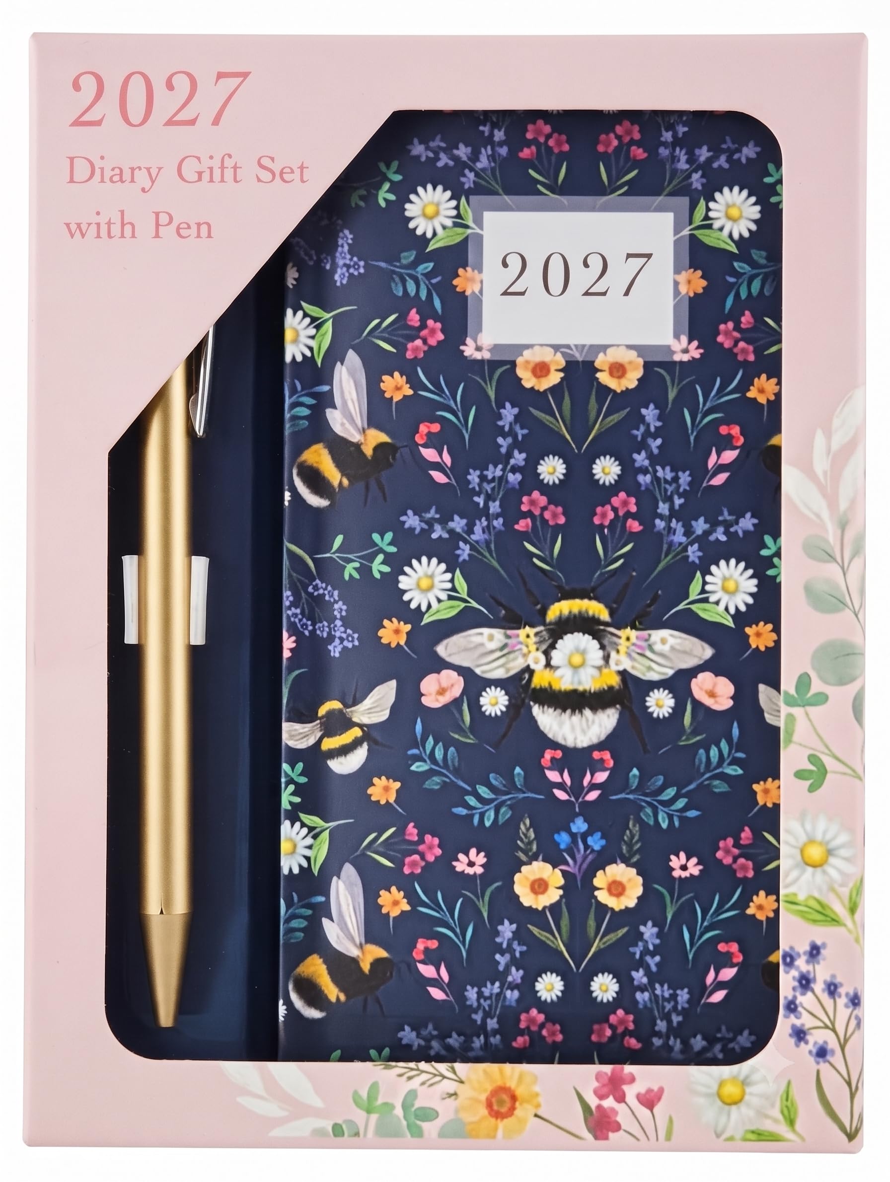 2027 Slim Diary & Pen Gift Box Set – Cute Bees Week to View Planner, Slim Weekly Agenda (Honey Bees)