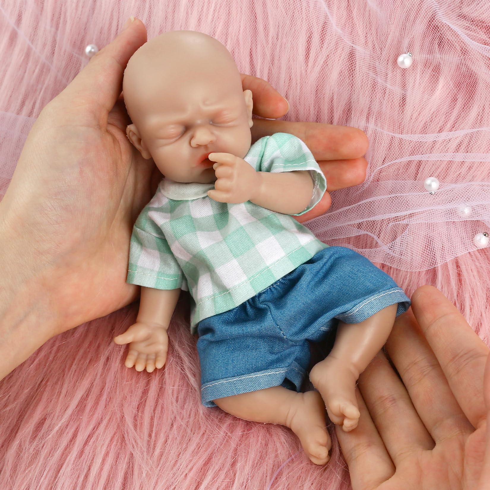 Vollence 7 inch Sleeping Mini Full Baby Doll Silicone Doll Small Realistic Miniature Baby Dolls Silicone Full Body Stress Relief for Adults Anti-StressToys for Kids & Toddlers Child Gifts - Boy