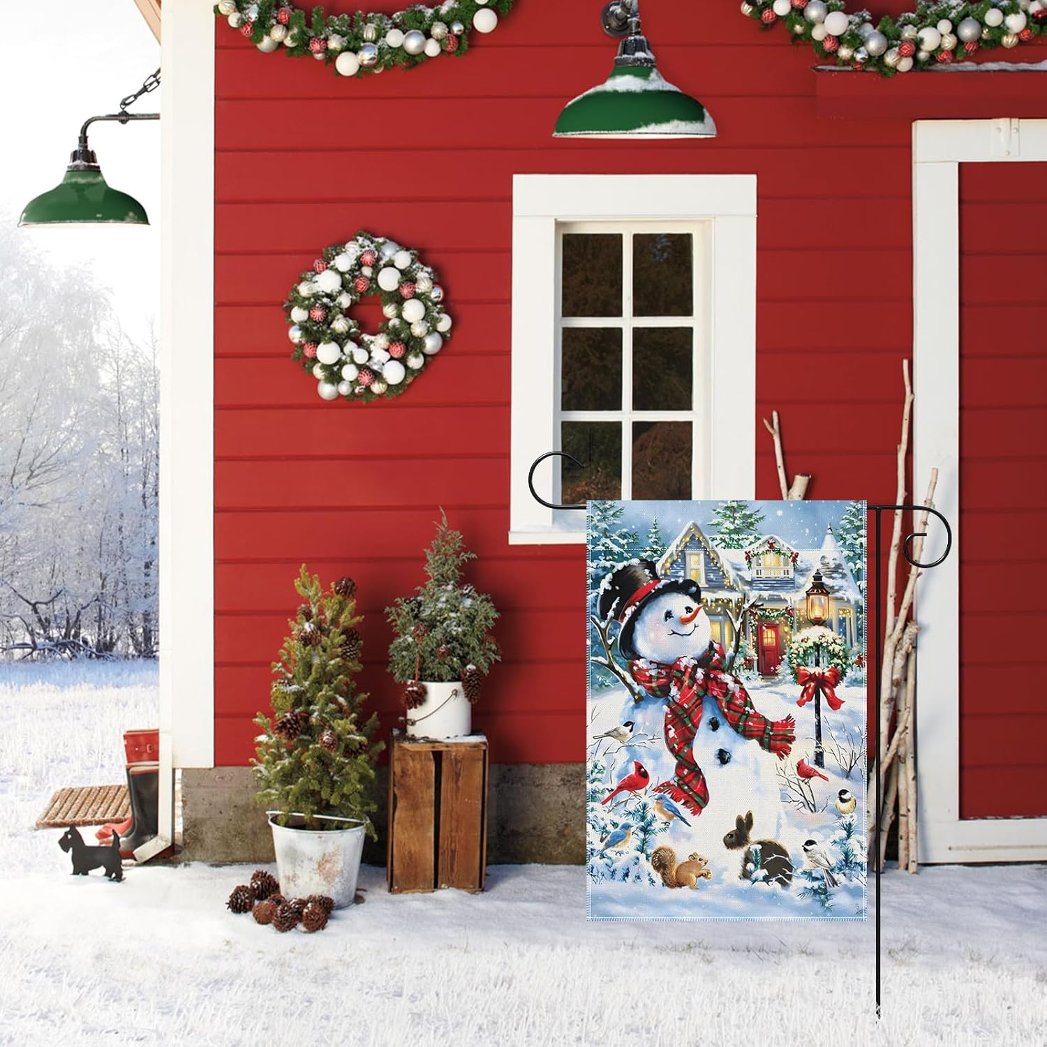 12 x 18 Inches Christmas Snowman Garden Flag – Double-Sided Linen Winter Yard Flag with Snow Scene, Bunny, Birds, and Squirrel for Holiday Outdoor Decoration - Image 5