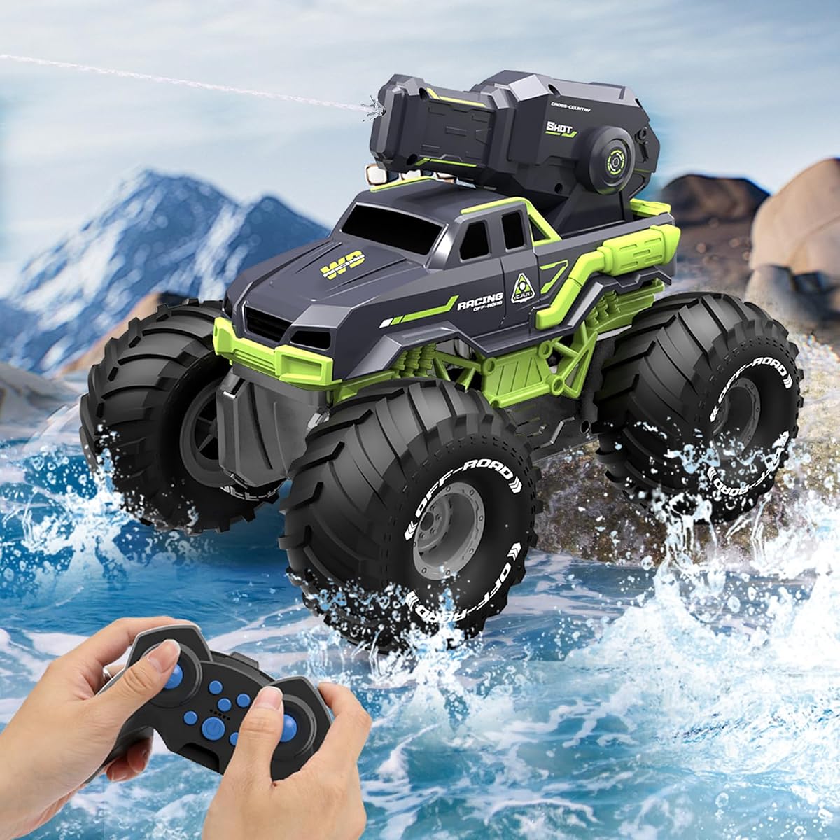 Coche anfibio 3 en 1 con control remoto, barco RC con pistola de agua, camión monstruo RC impermeable para niños 4-7 8-12, barco de control remoto todo terreno 4WD para regalo de cumpleaños de niño, juguete de agua para piscina de verano