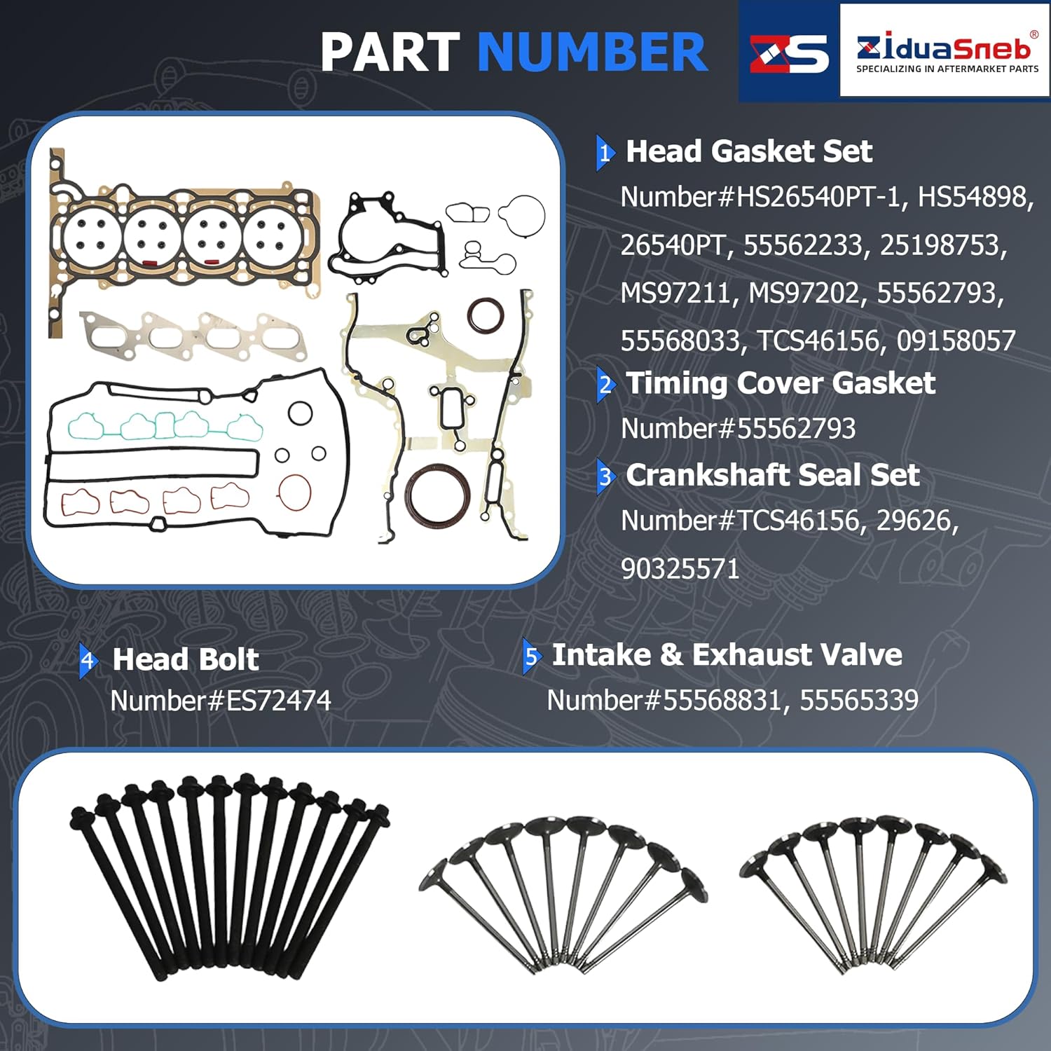 1.4 Head Gasket Set Timing Chain Kit Valve Main & Rod Bearing Kit w/Bolts Fit For Buick Encore Chevrolet Cruze Limited Sonic Trax 1.4L L4 Turbo DOHC 16V 2011-2021 HS26540PT-1 94311SX