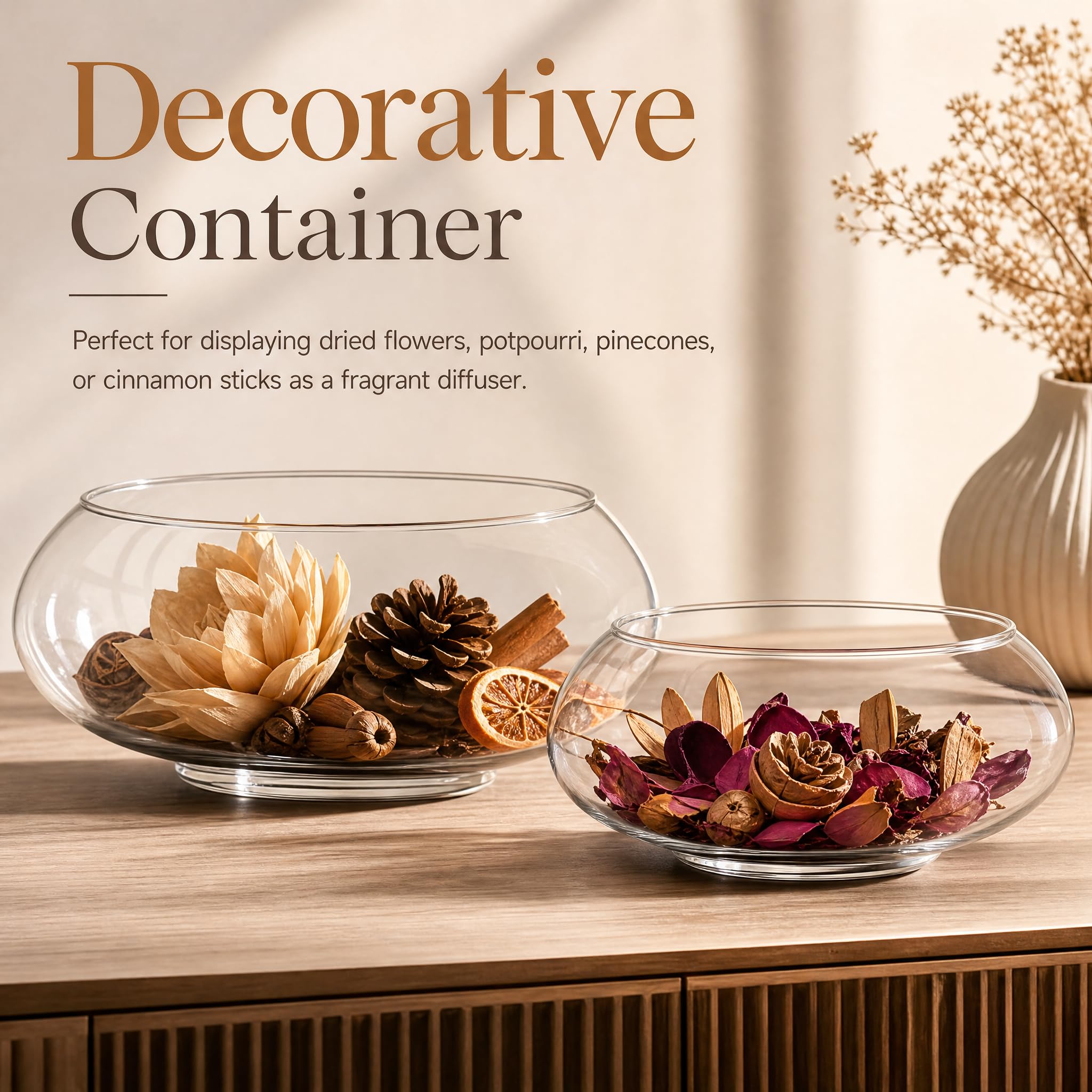 ZENFUN Paquete de 2 jarrones de Cristal, 15 cm, 20,5 cm de Ancho, terrario Redondo, Maceta hidropónica de Vidrio, Recipiente Floral Transparente para Centro de Mesa, decoración del hogar