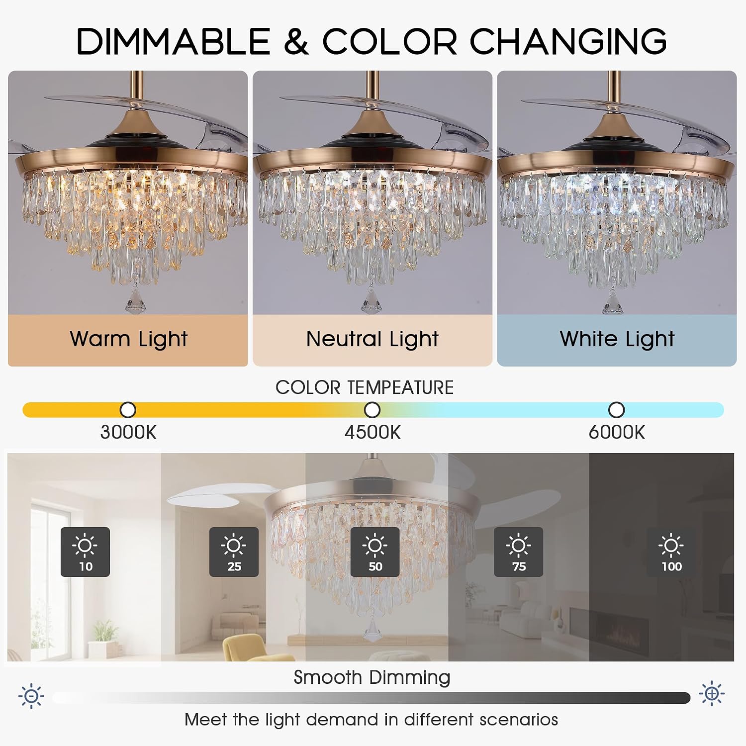 Ayaoty Crystal Ceiling Fans with Lights - 48in Retractable Chandelier Fan Light with LED Dimmable, Reversible DC Motor,Flush Mount, Modern Fan Light for Bedroom, Kitchen, Indoor - Golden