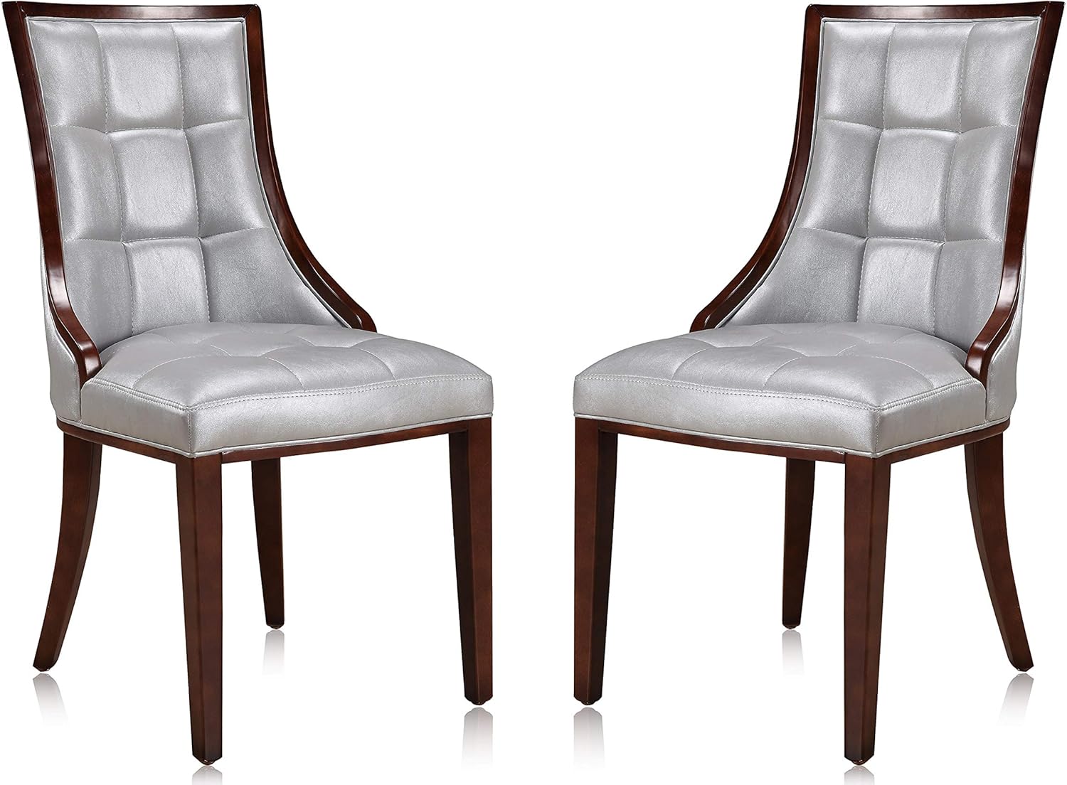 Manhattan Comfort Fifth Avenue Faux Leather Dining Chairs, Parsons Accent Furniture with Padded Wingback Seat, Fine Rectangular Stitching and Solid Beech Wood Frame, Set of 2, Silver