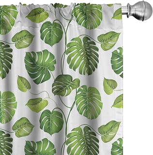 Lunarable Leaf Window Curtains, Tropical Jungle Rainforest Leaves Palm Mango Tree Wild Leaves Art Print, Lightweight Decor 2-Panel Set with Rod Pocket, Pair of - 28" x 84", Green White