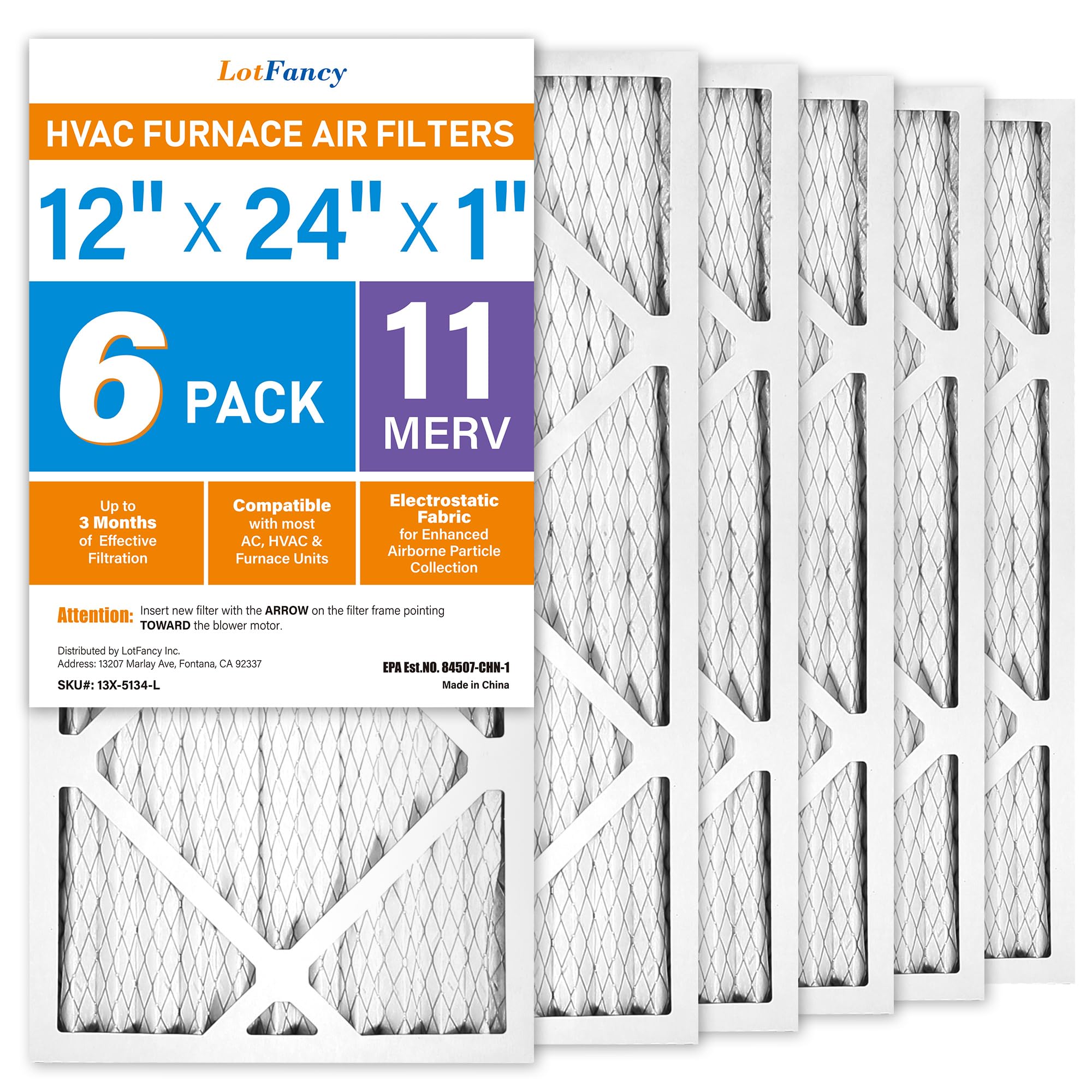 LotFancy 12x24x1 Air Filter MERV 11 Pet Smoke Allergens Defense (6-Pack) Pleated HVAC Furnace Air Filters, Replacement for Home AC & Heating Systems, Actual Size: 11.75" x 23.75" x 0.75"