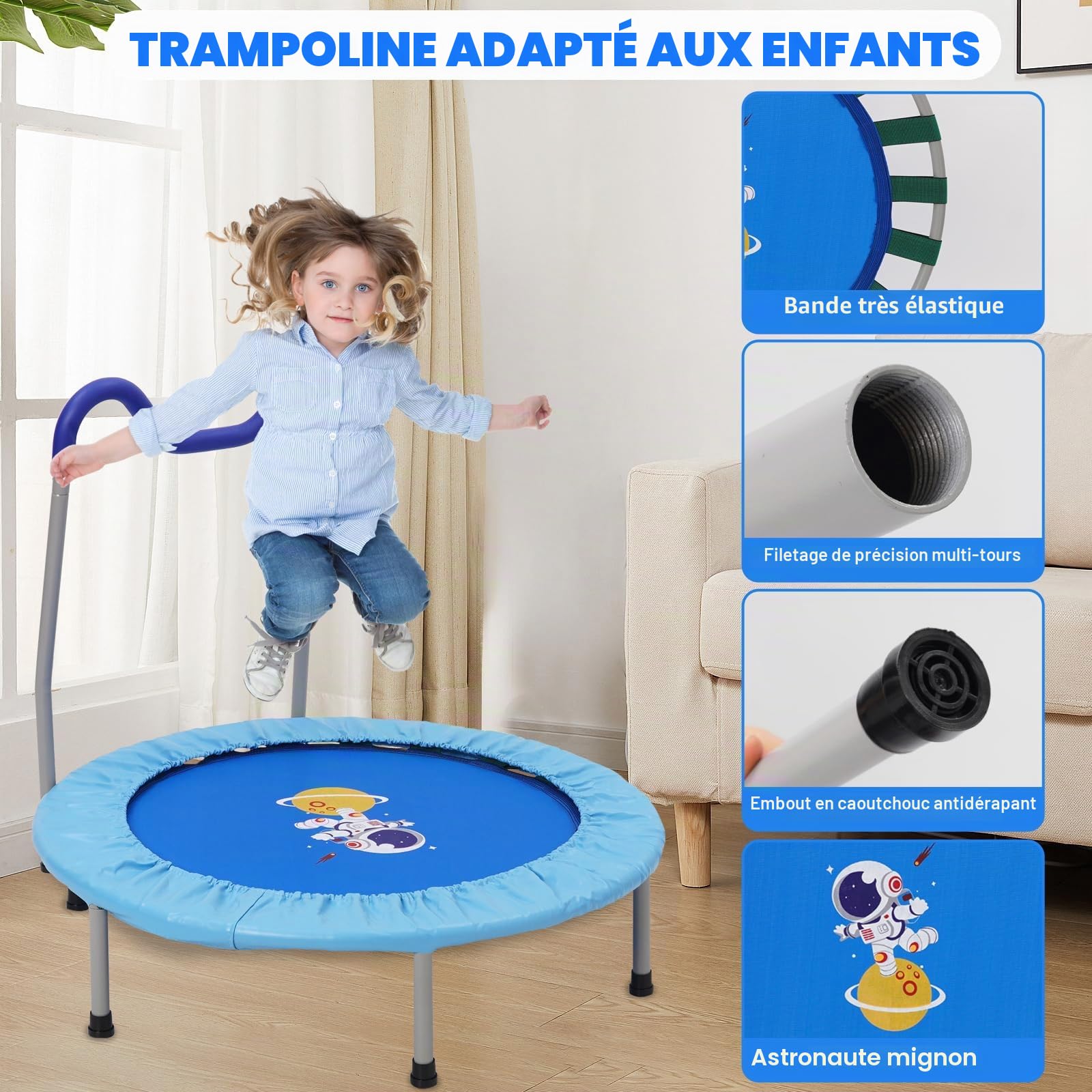 Trampoline Pliable de Fitness D'intérieur Pour Enfants, Adapté Aux Enfants de 3 ans,Idéal Pour le Fitness en Intérieur,en Extérieur et Dans le Jardin.Sa Capacité de Charge Maximale est de 120kg (Bleu)