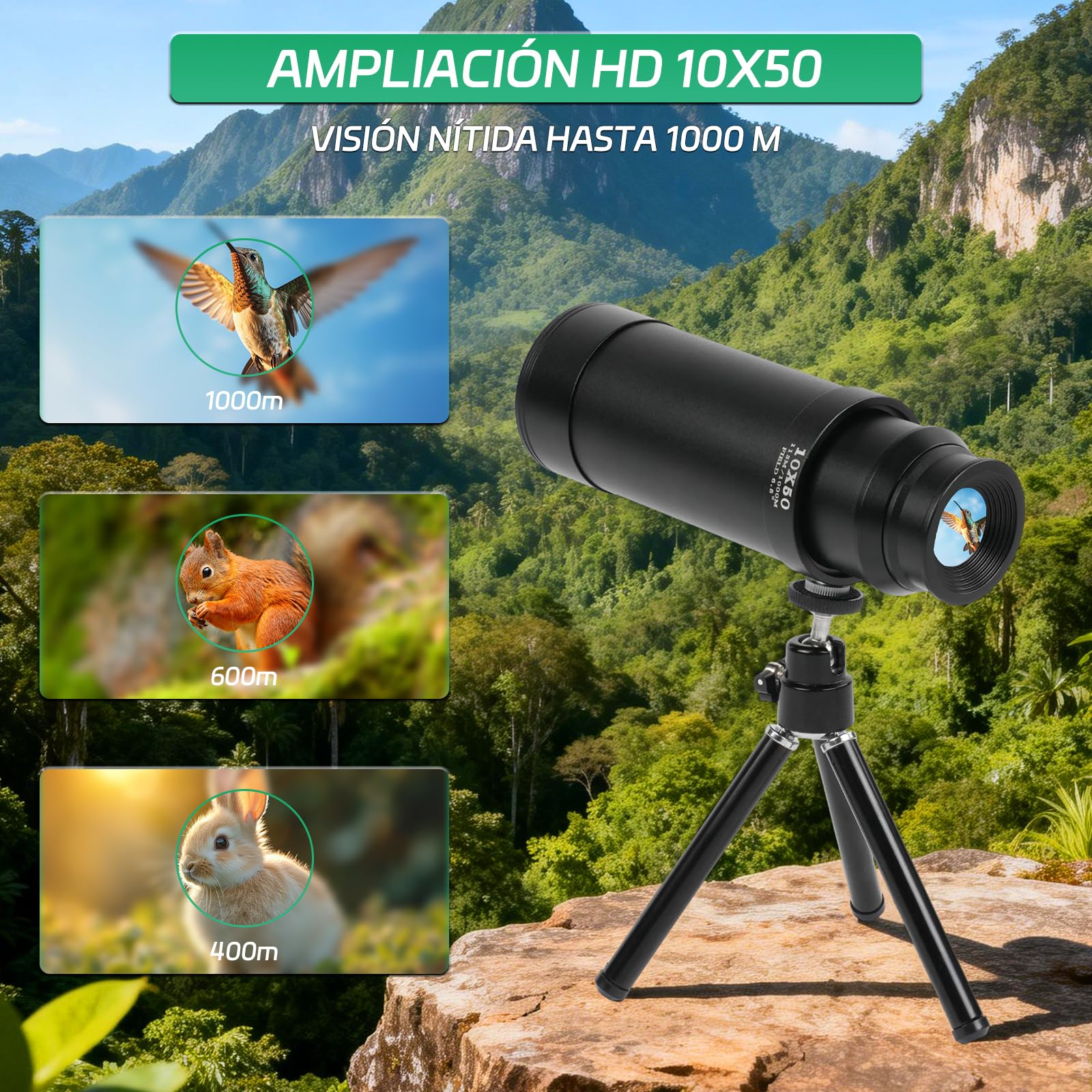 Telescopio Monocular 10x50 HD, Lentes FMC Multicapa, Prismas K9, Ocular Retráctil 23mm, Monocular Portátil Ligero para Observación de Aves, Senderismo, Caza y Deportes (Negro)