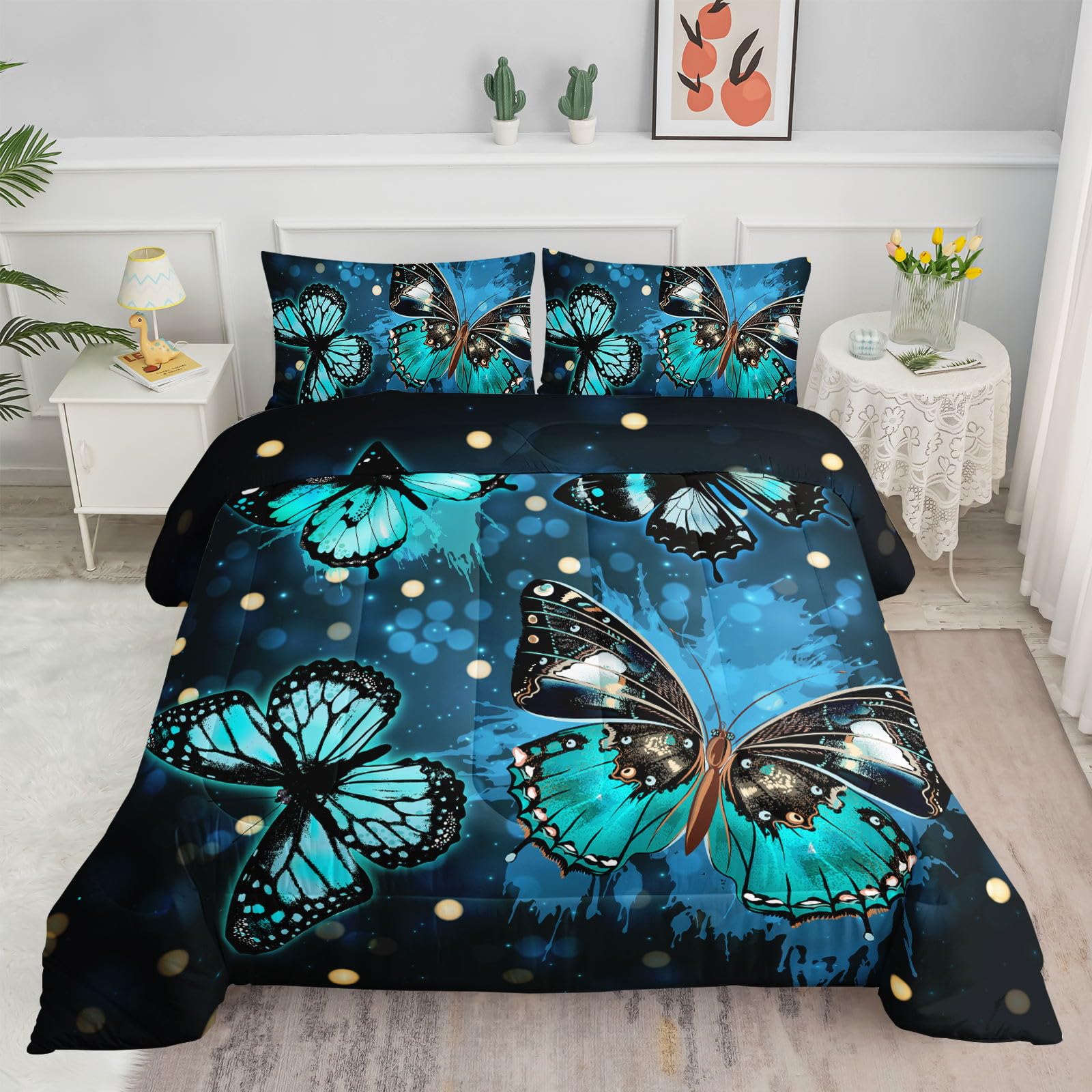 Datura home Butterfly Bedding Comforter Set Blue Green Butterfly Printed Pattern Quilt Bedding Set with 1 Comforter and 2 Pillowcases for Girls and Boys Bedroom All Season(Butterfly2 Queen)