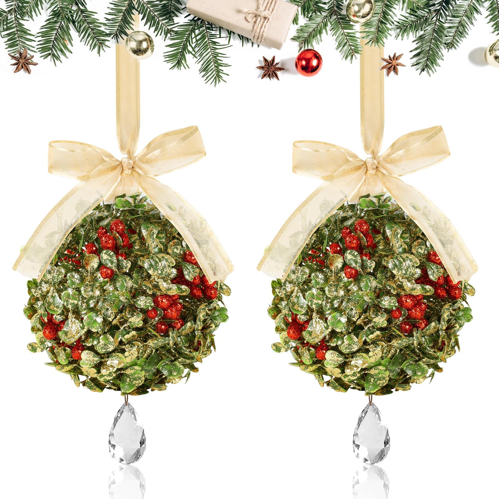 Lot de 2 décorations de gui artificielles à suspendre en cristal avec nœud en baies pour porte, maison, arbre de Noël, amitié, fête, arche de plafond (doré)